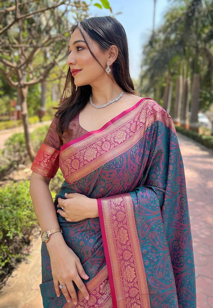 Blue Silk Blend Saree With Zari and Woven Work
