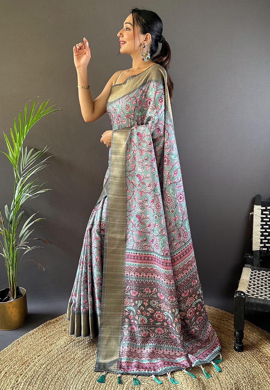 Blue Silk Cotton Kalamkari Printed Saree