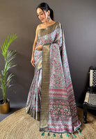 Blue Silk Cotton Kalamkari Printed Saree