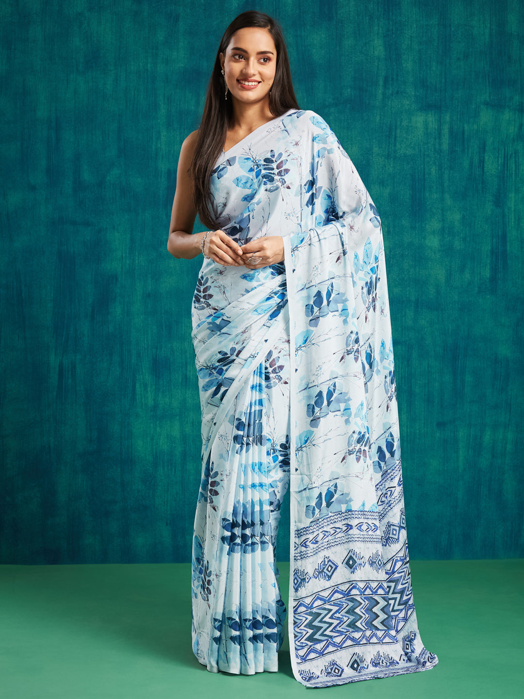 Blue Silk Crepe Designer Digital Printed Ready To Wear Saree