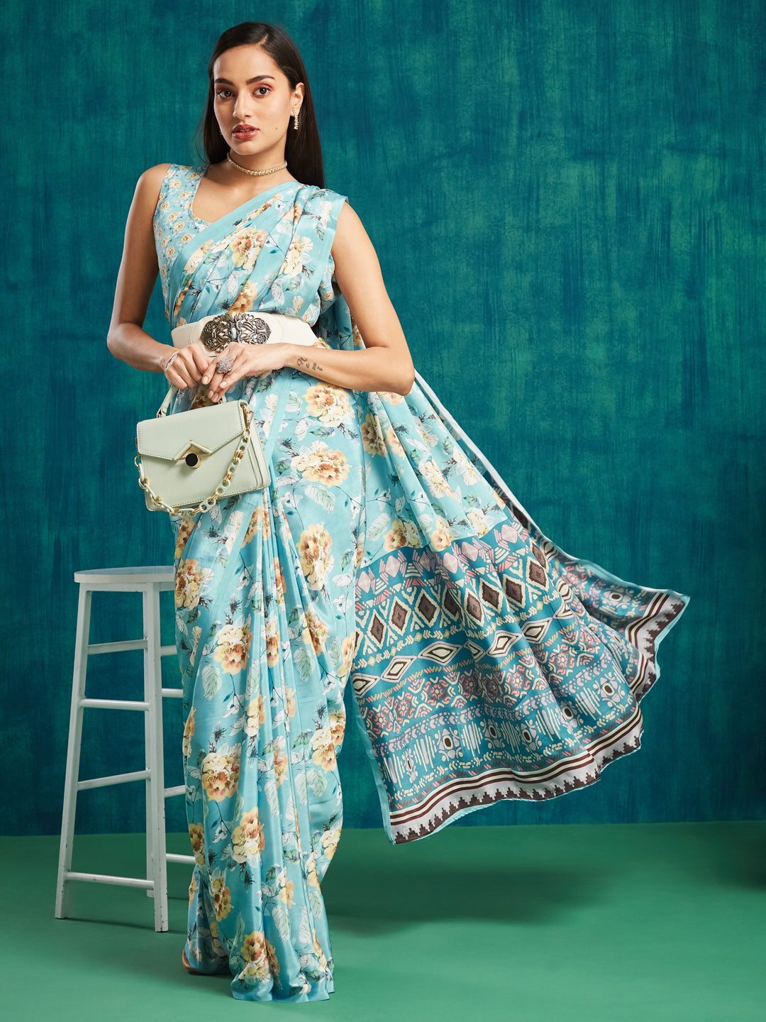 Blue Silk Crepe Designer Digital Printed Ready To Wear Saree