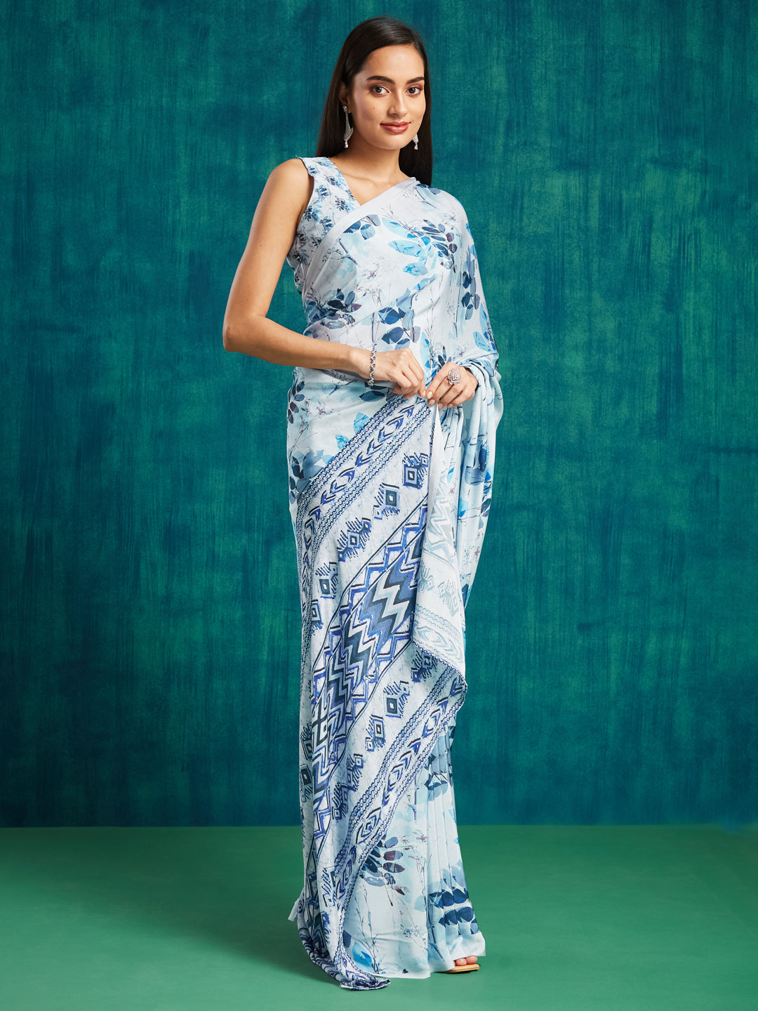 Blue Silk Crepe Designer Digital Printed Ready To Wear Saree