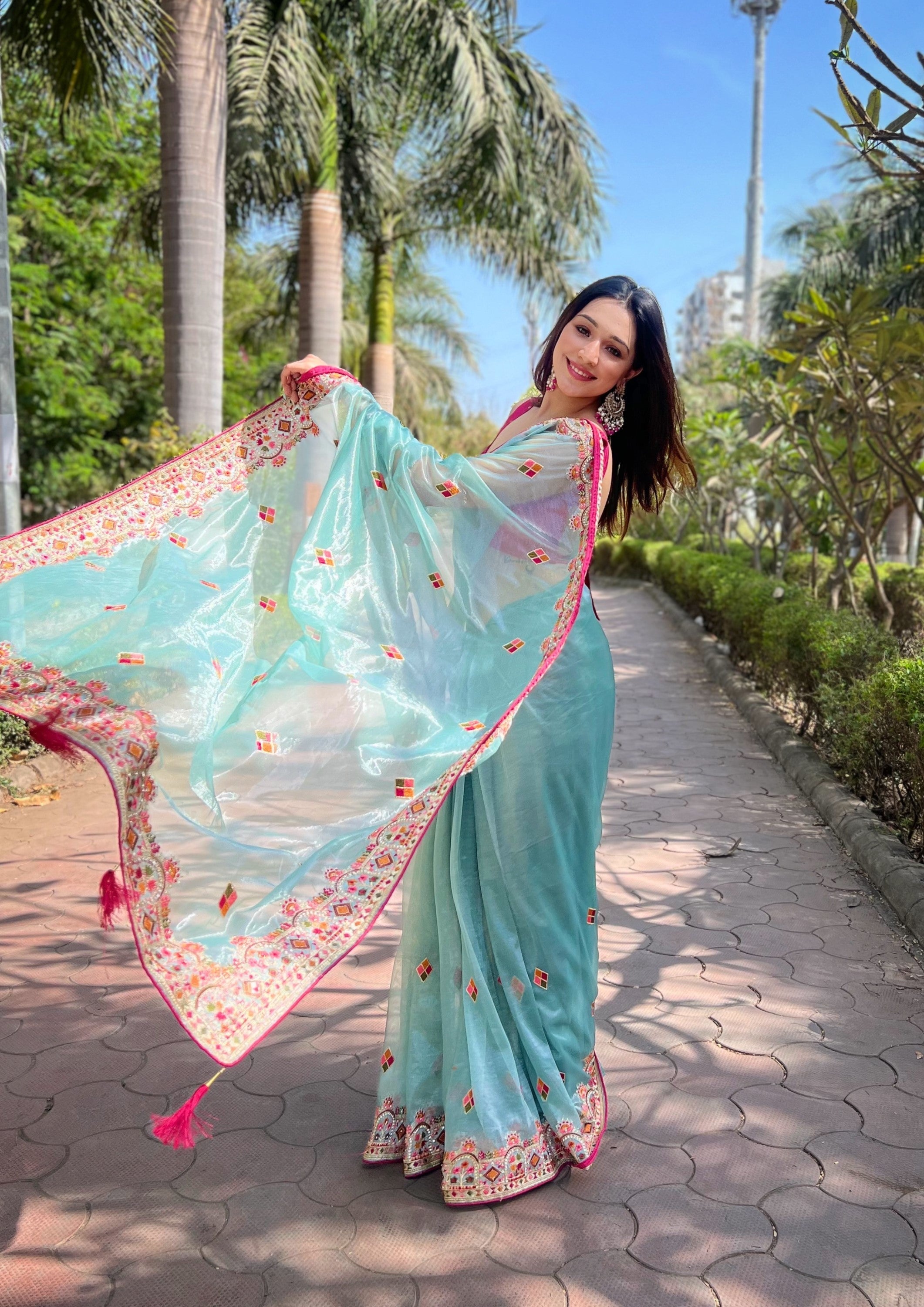 Blue Silver Tissue Silk Heavy Embroidery Saree For Beautiful Ceremonial Saree