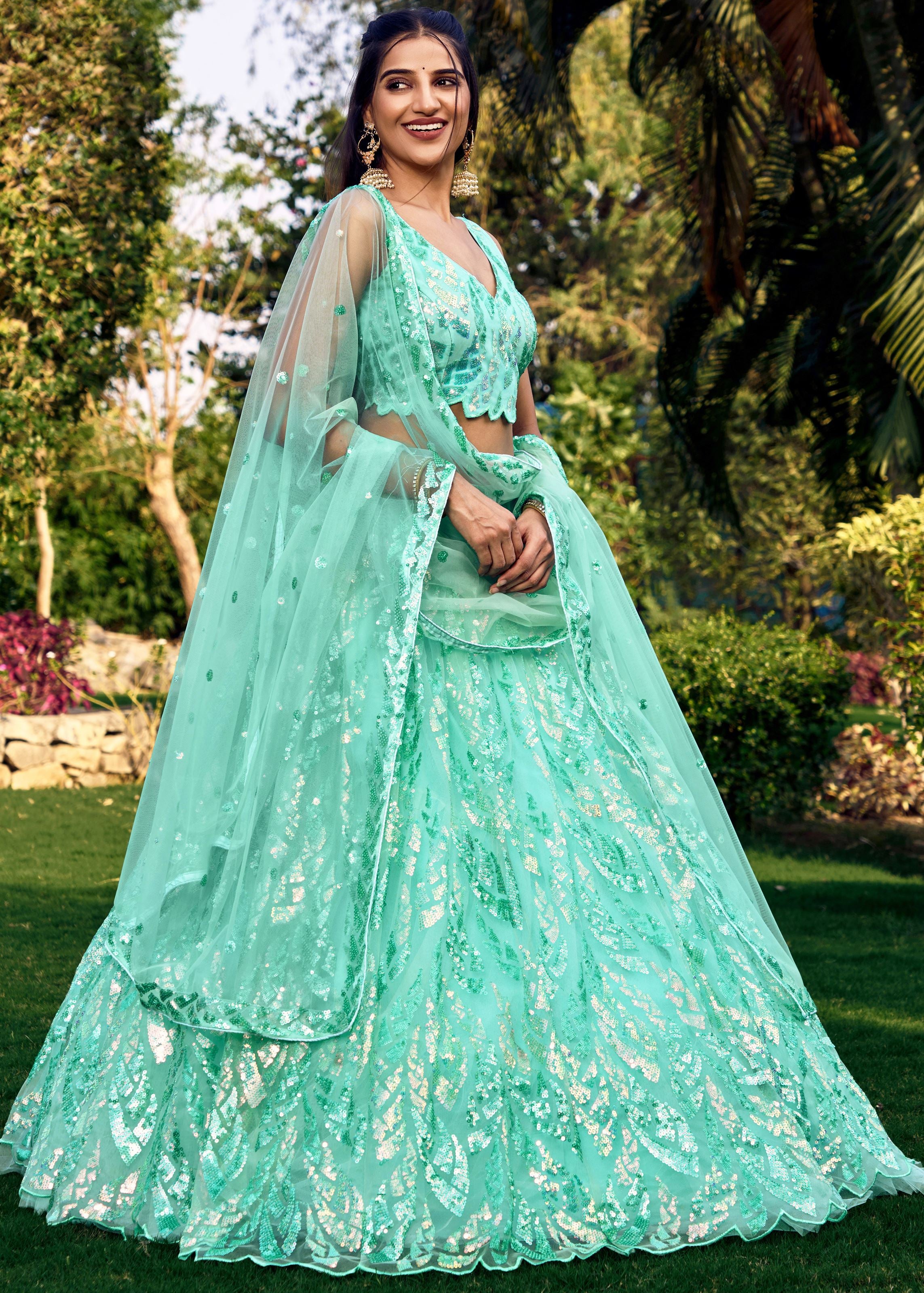 Blue Soft Net Lehenga Choli With Multiple Sequins, Thread Embroidery Work