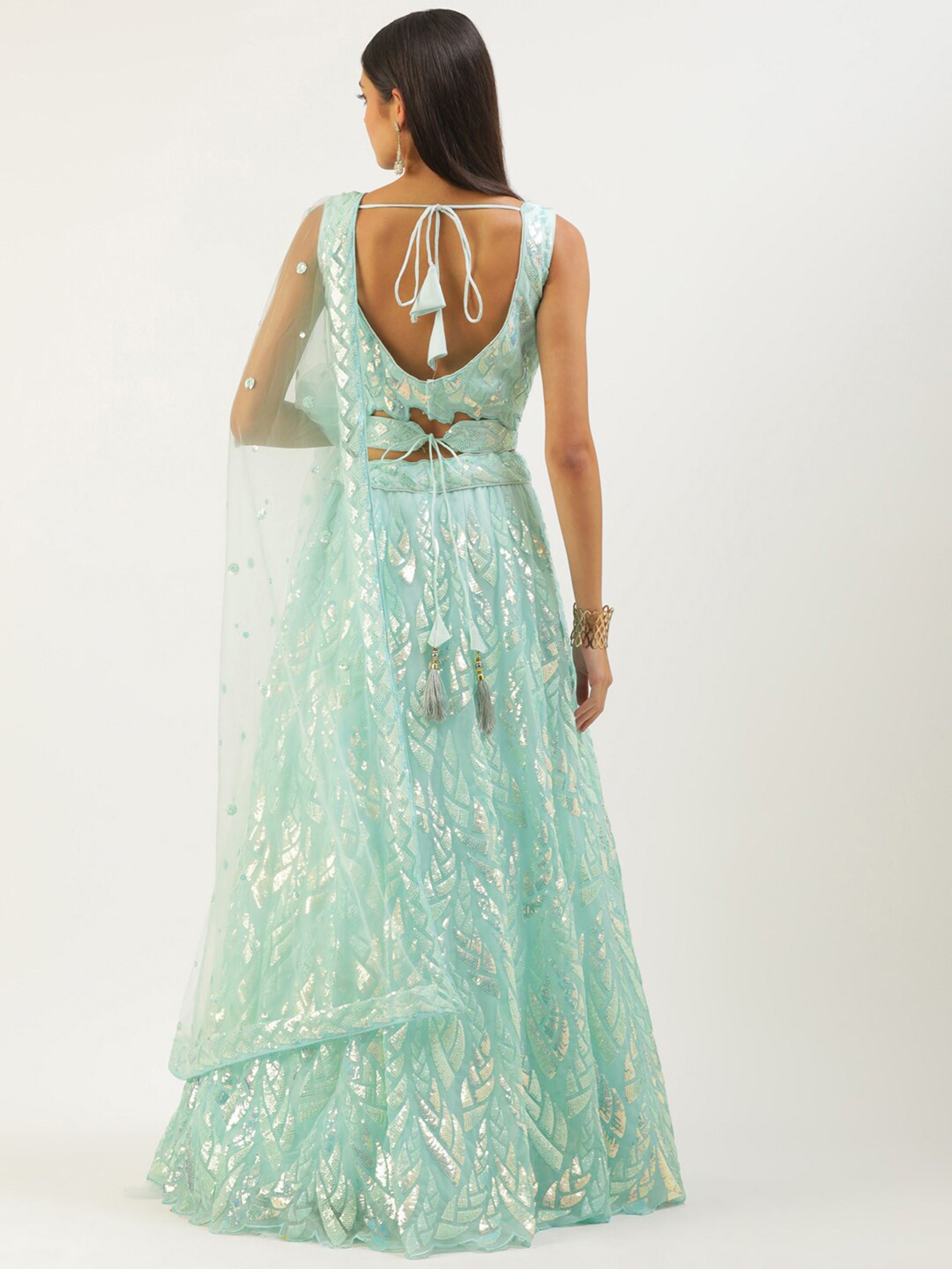 Blue Soft Net Lehenga Choli With Multiple Sequins, Thread Embroidery Work