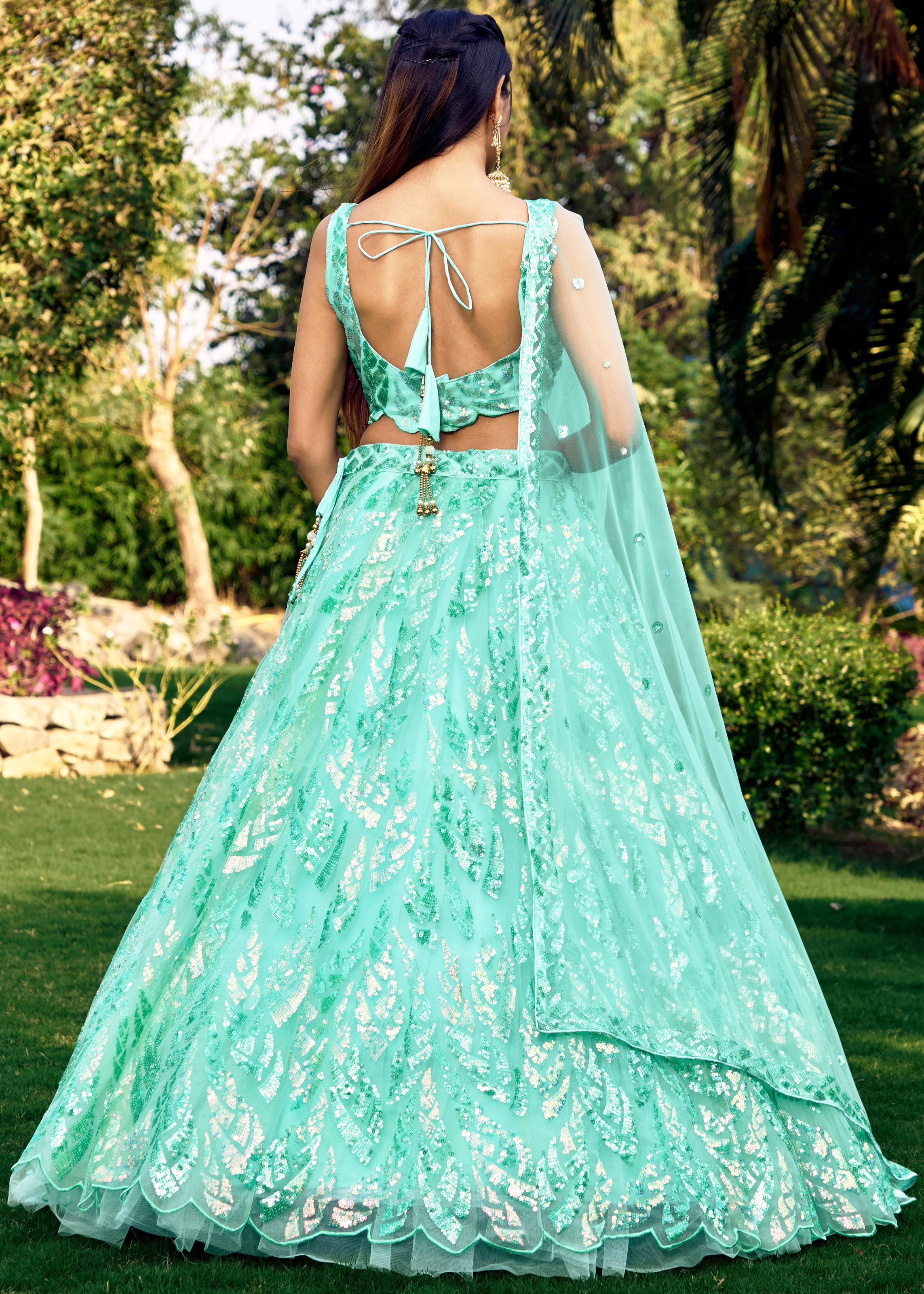 Blue Soft Net Lehenga Choli With Multiple Sequins, Thread Embroidery Work