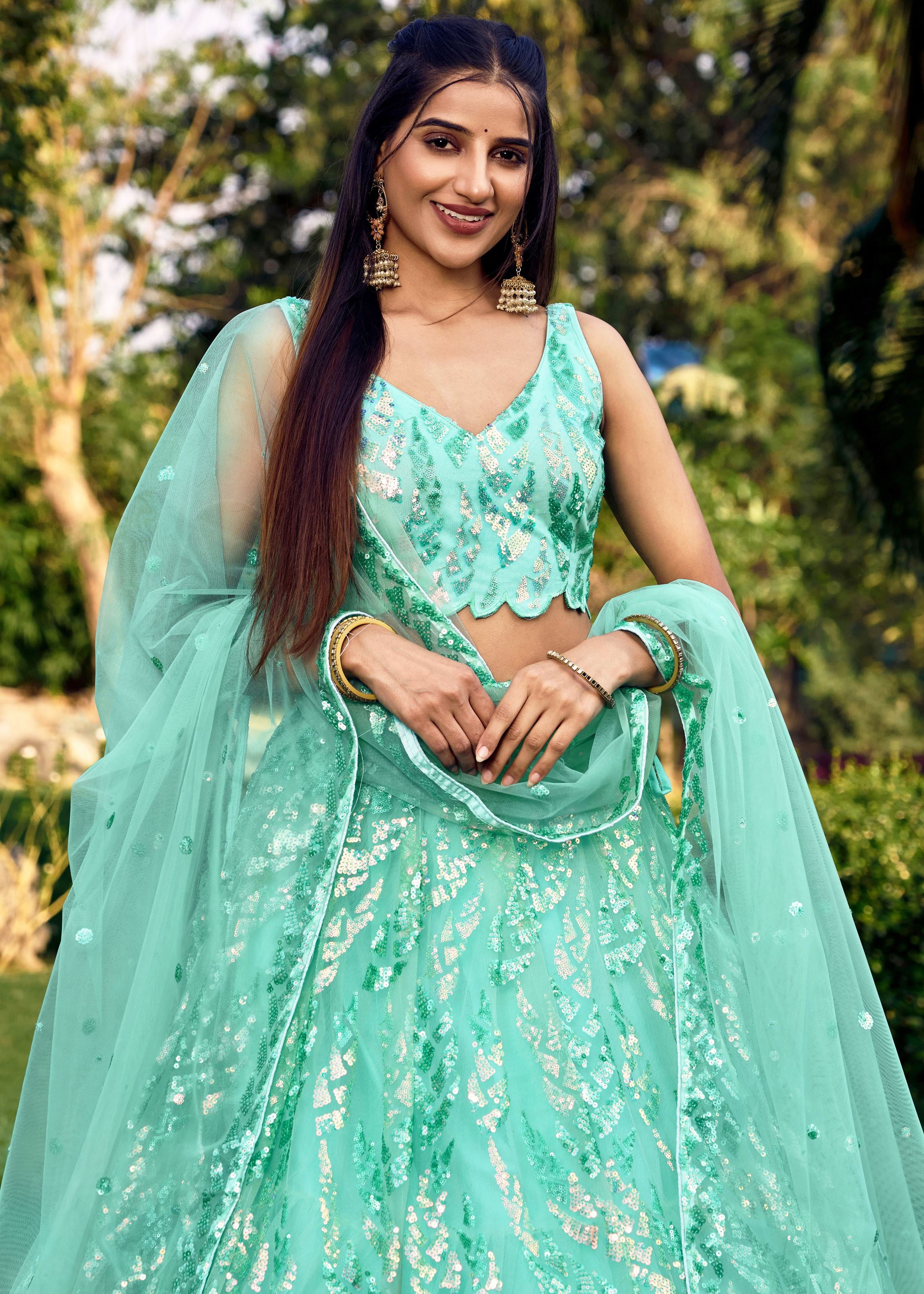 Blue Soft Net Lehenga Choli With Multiple Sequins, Thread Embroidery Work