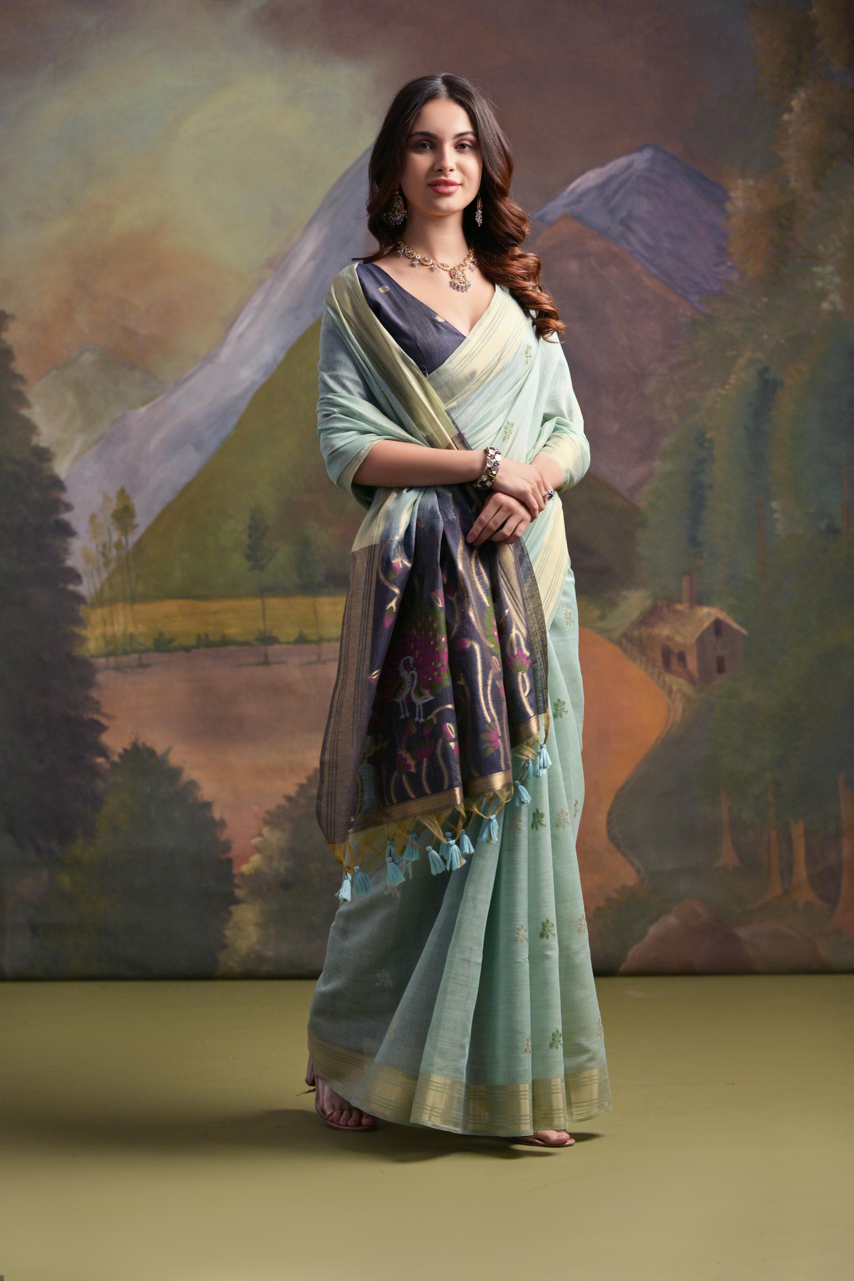 Blue Soft Silk Fabri Woven Paithani Meenakari Designer Ceremonial Saree
