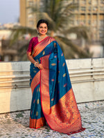 Blue Soft Silk Woven Meenakari Designer Heavy Ceremonial Saree