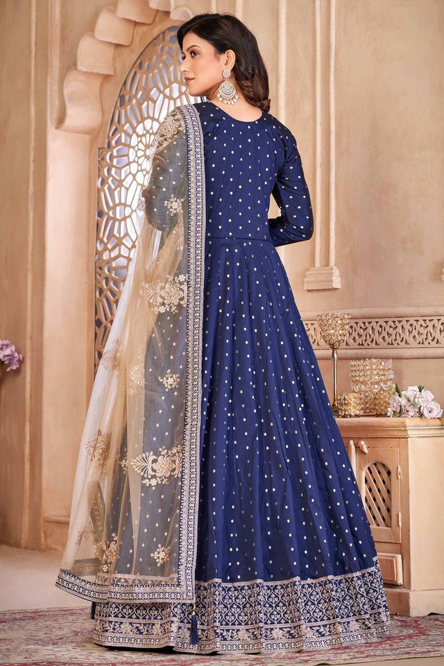 Blue Taffeta Butti Heavy Thread Embroidery Sequins Work  Anarkali Suits