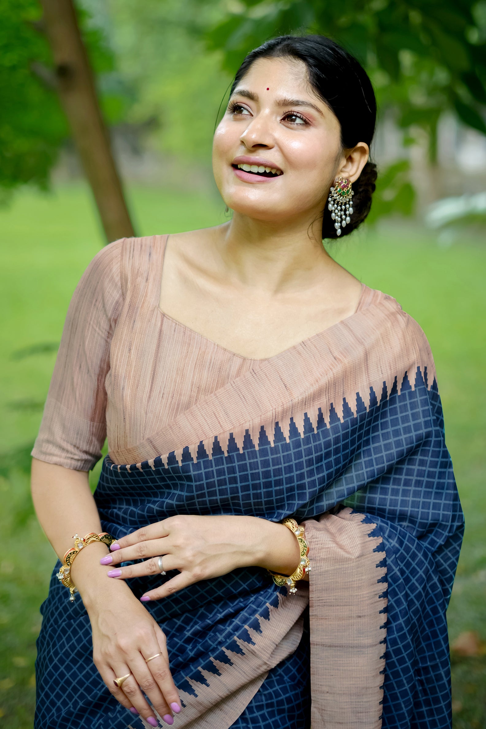 Blue Tussar Silk Saree with Checks and Contrast Pallu