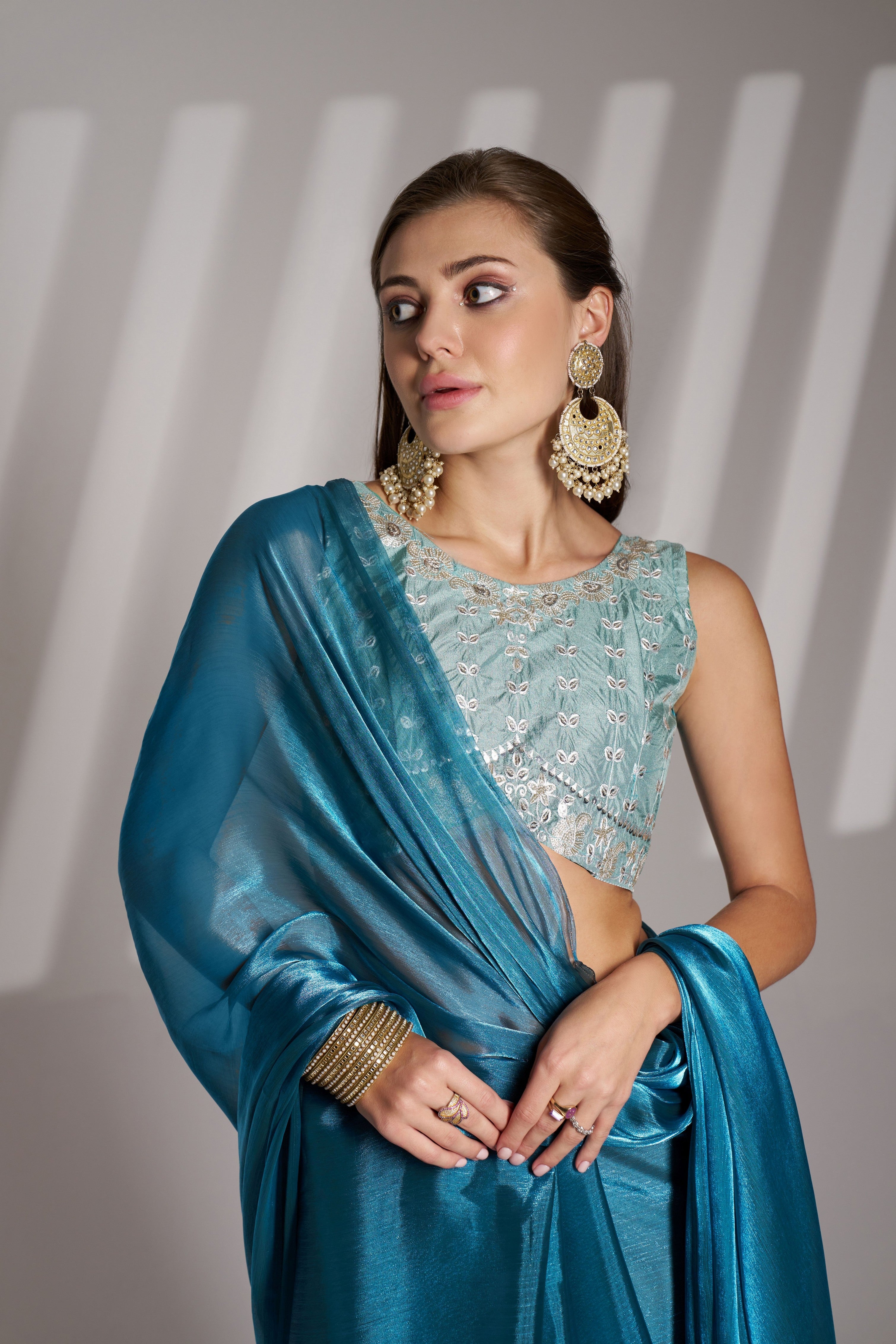 Blue Twill Net Solid Fancy Designer Bollywood Style Saree