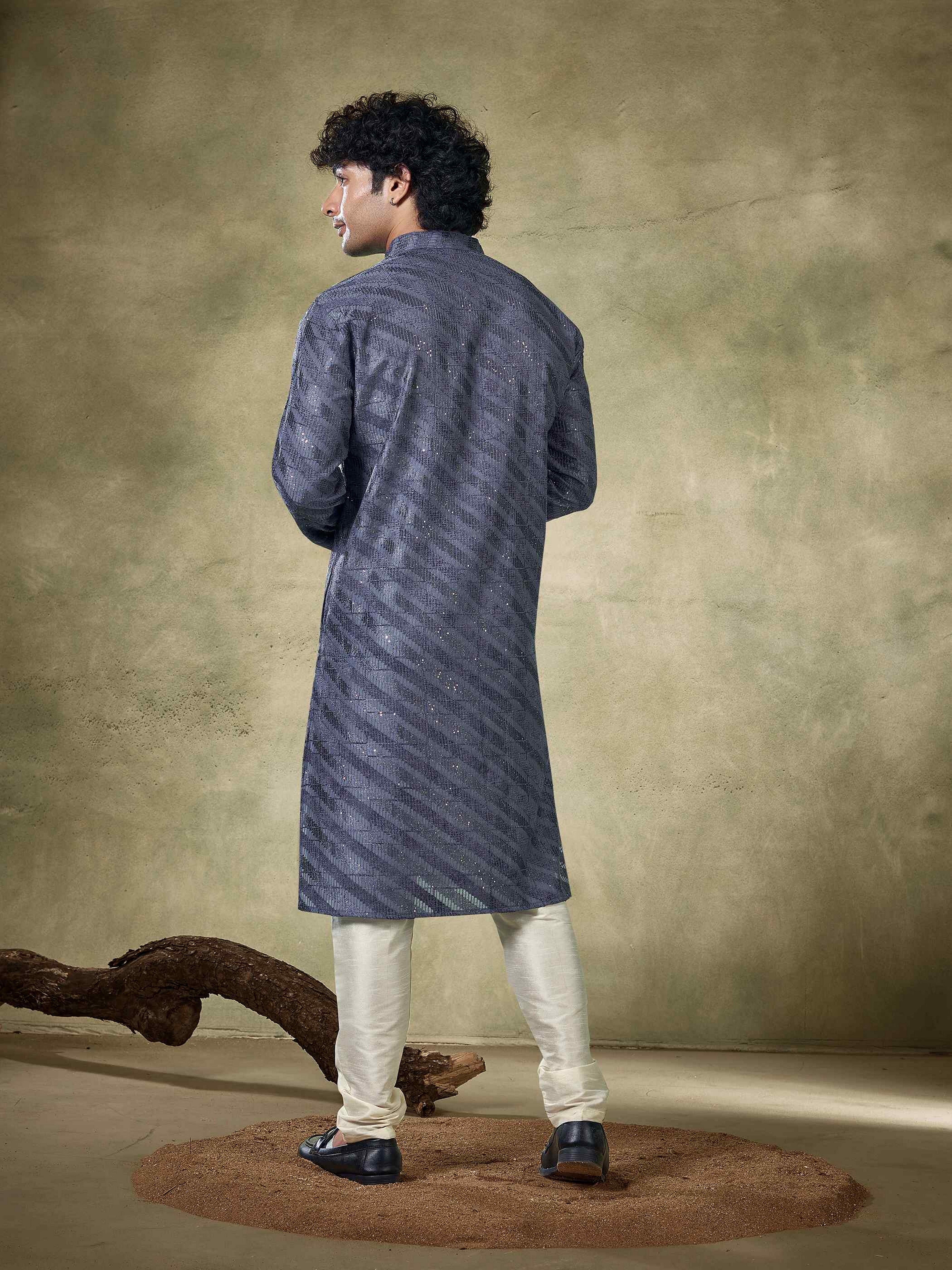 Blue Viscose Kurta Payjama with Sequins Detailing – Perfect for Wedding Nights