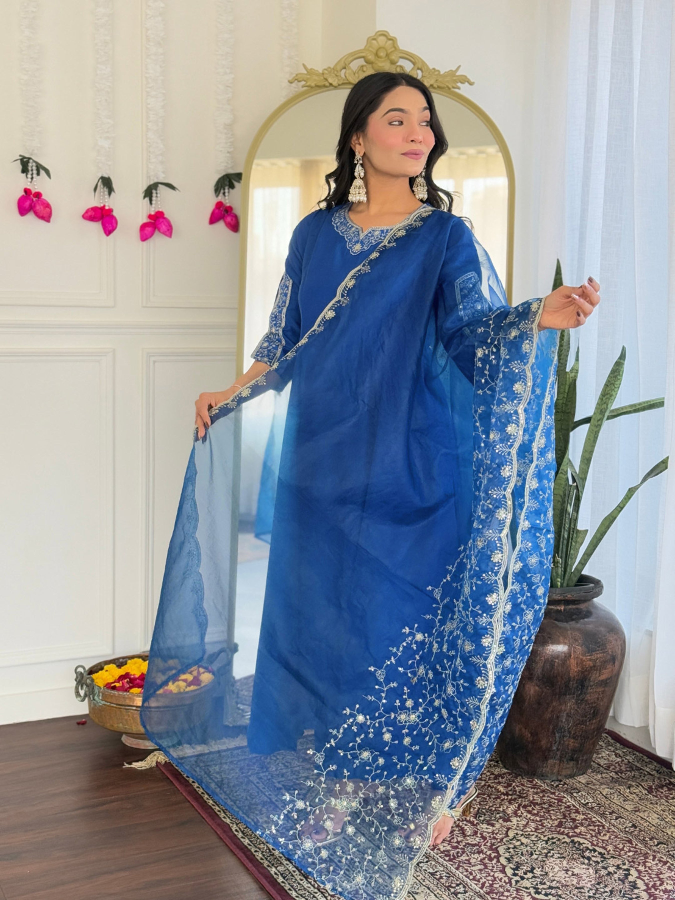 Blue Viscose Silk Elegant Kurta Pant Set With Embroidery Work