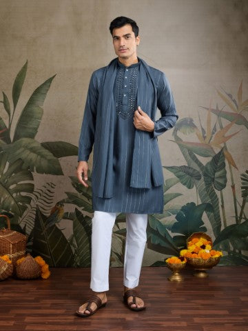 Blue Viscose Silk Kurta with Traditional Dupatta