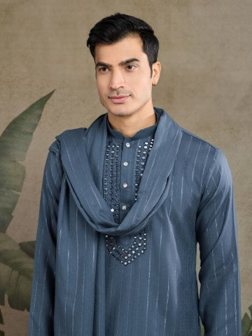 Blue Viscose Silk Kurta with Traditional Dupatta