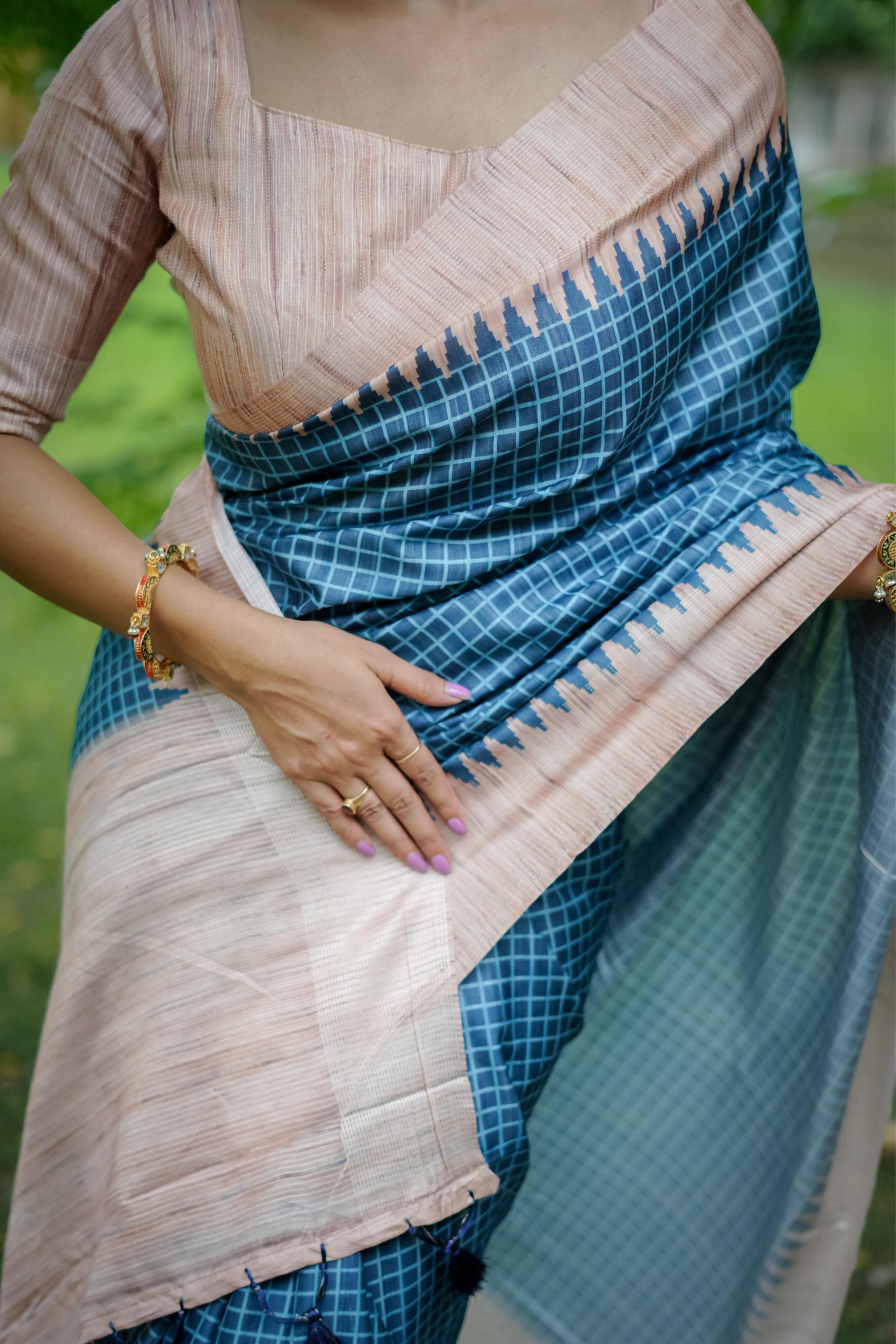 Blue Woven Kantha Designer Tussar Silk Saree With Printed Design