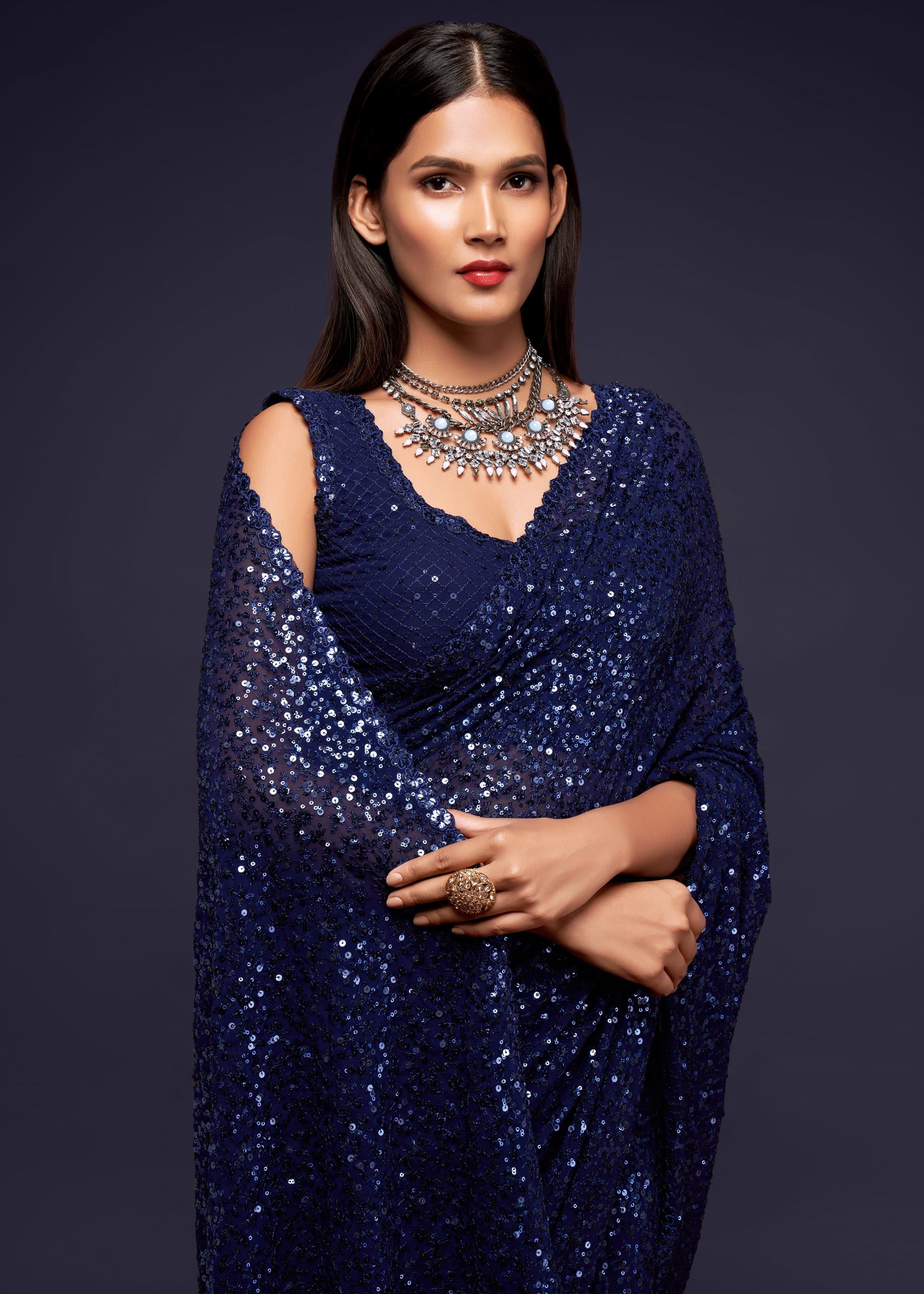 Blush Blue Georgette Saree with Thread Embroidery and Sequins Work