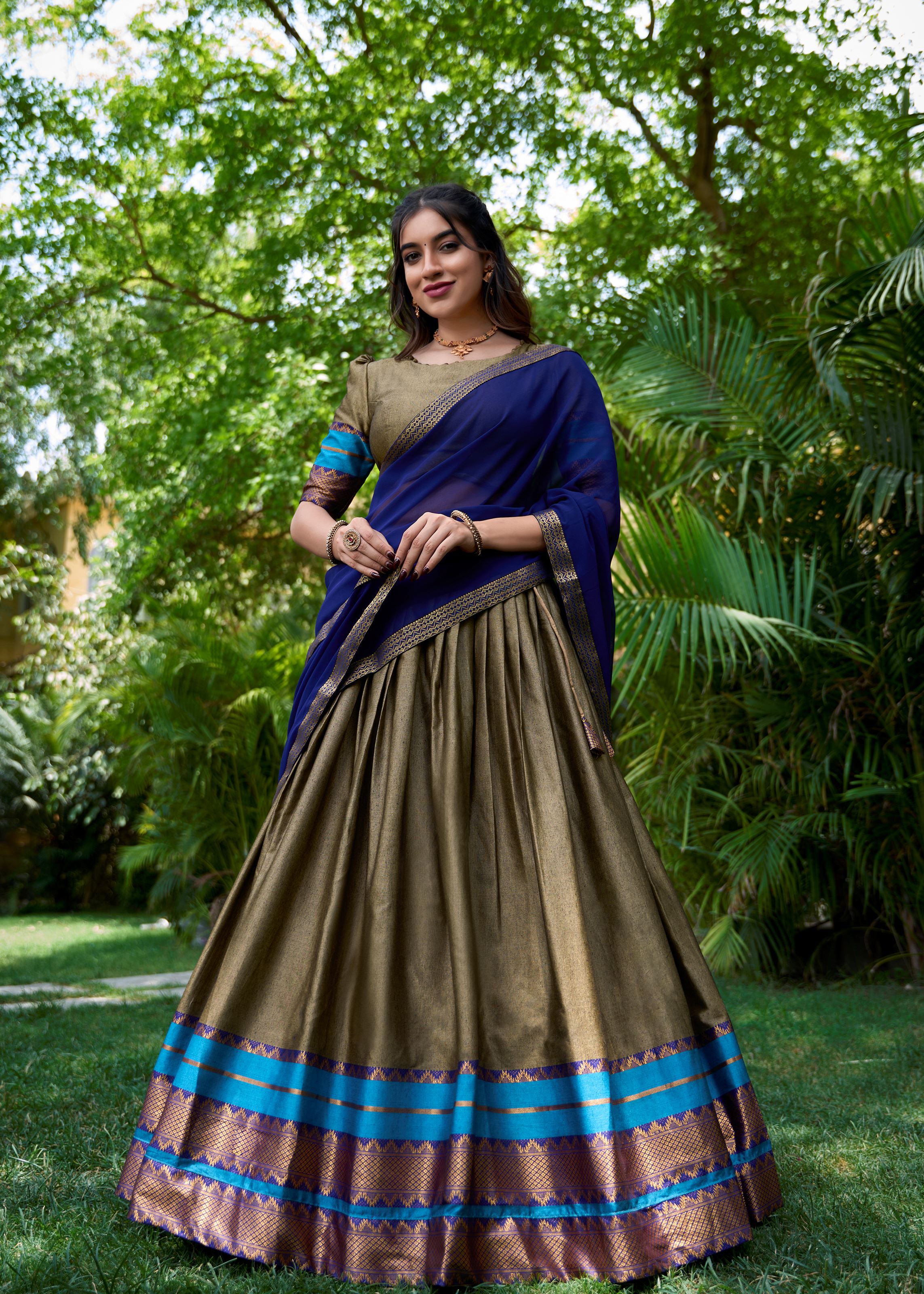 Bold & Beautiful In Chiku Poly Cotton Lehenga With Elegant Zari Weaving Work