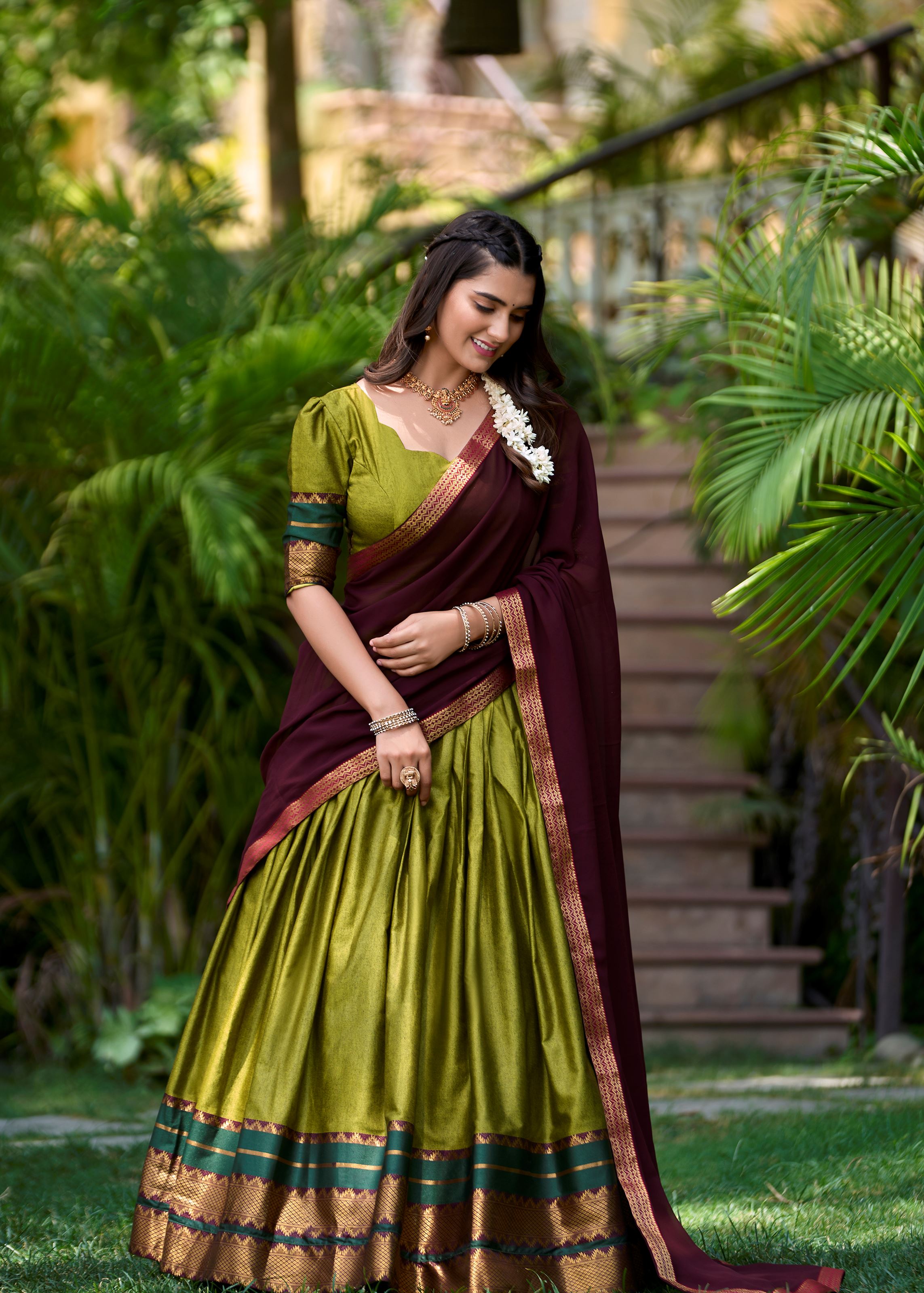 Bold & Beautiful In Olive Green  Poly Cotton Lehenga With Elegant Zari Weaving Work