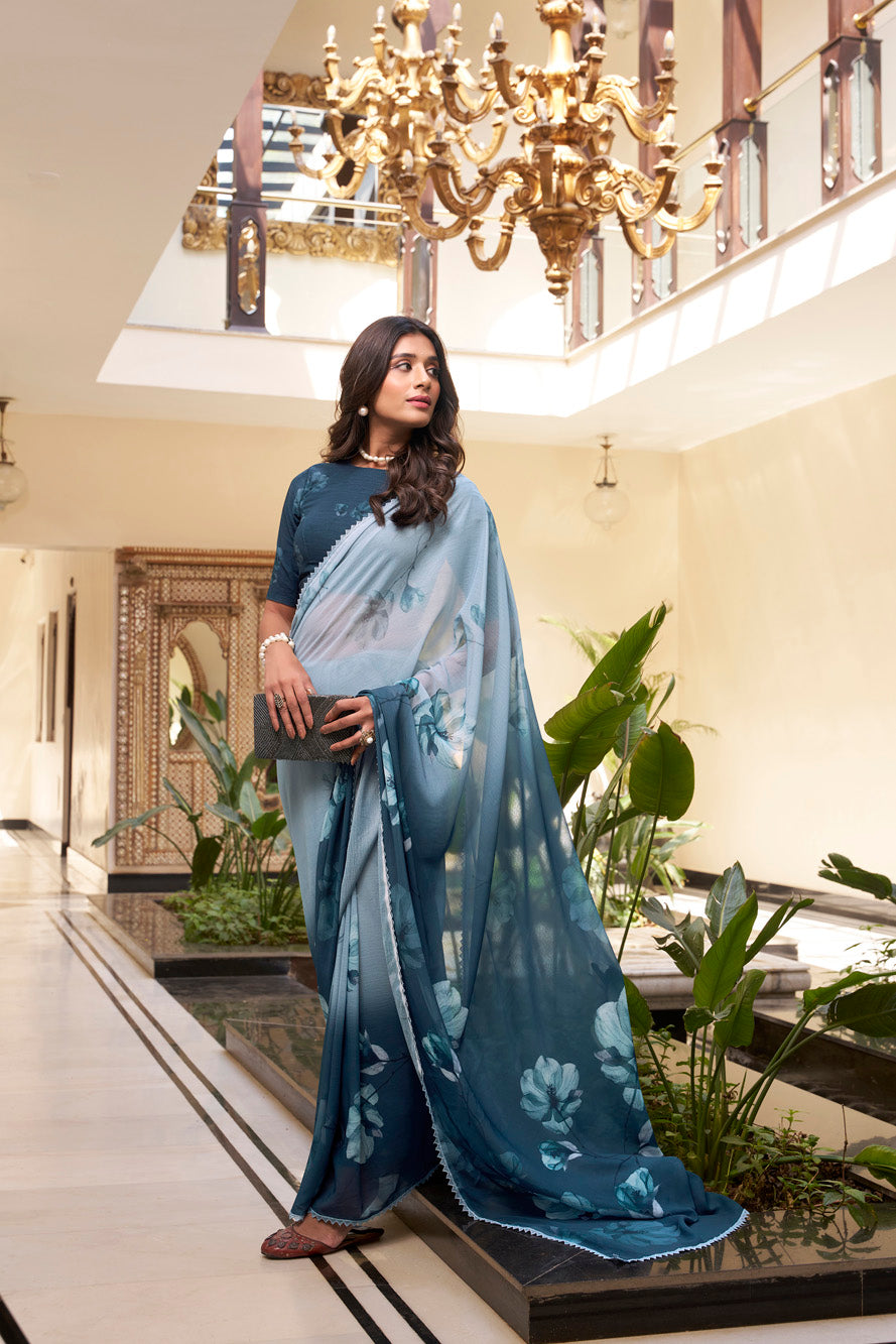 Botle Green Floral Marble Saree with Lace Border