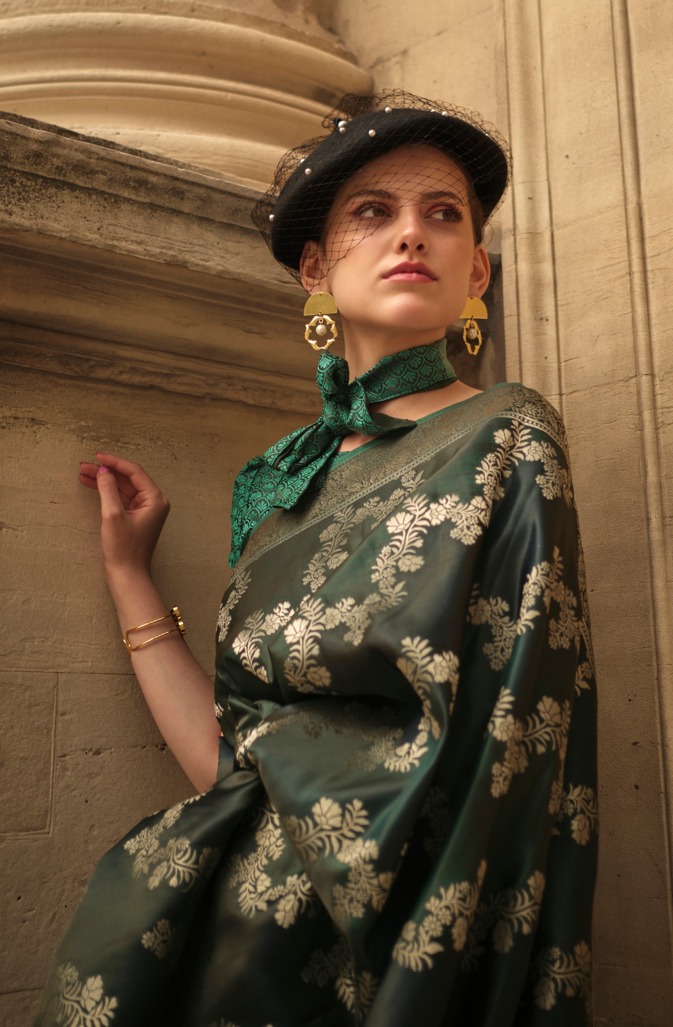 Bottel Green Ranghat Satin Saree With  Woven Work