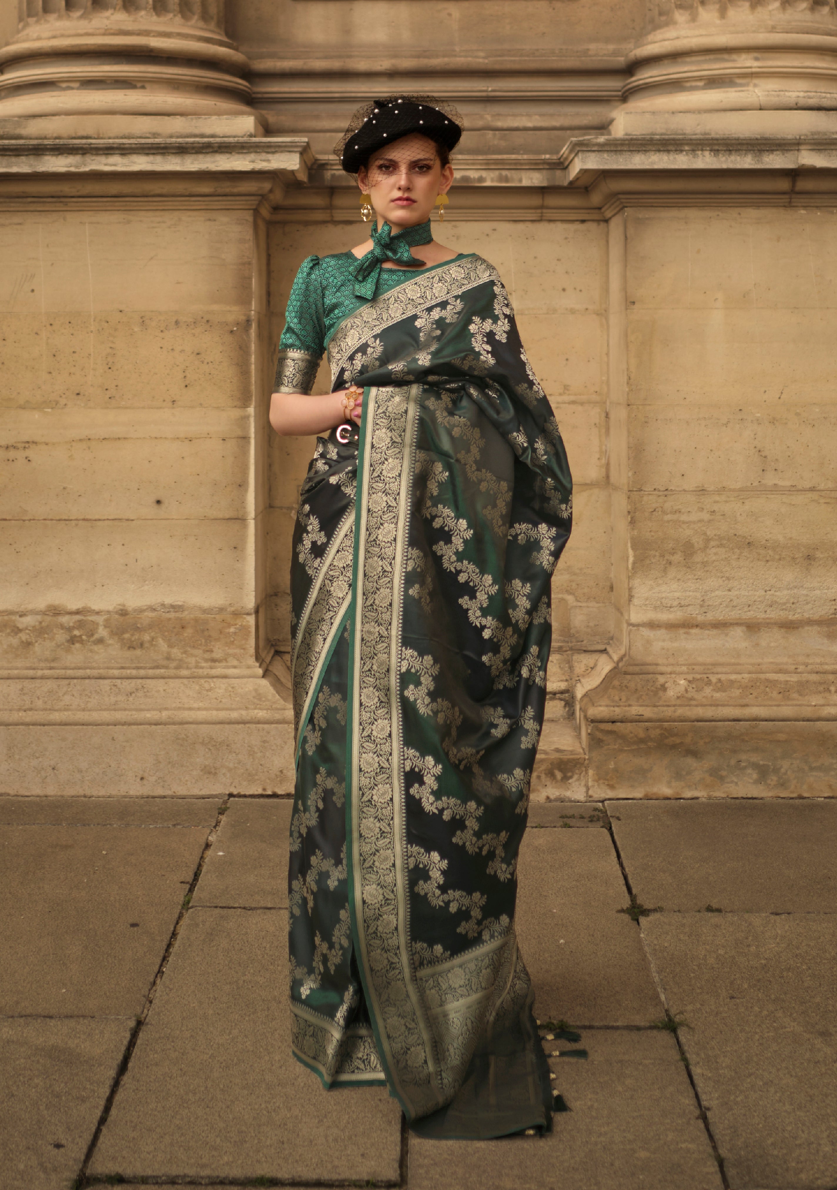 Bottel Green Ranghat Satin Saree With  Woven Work