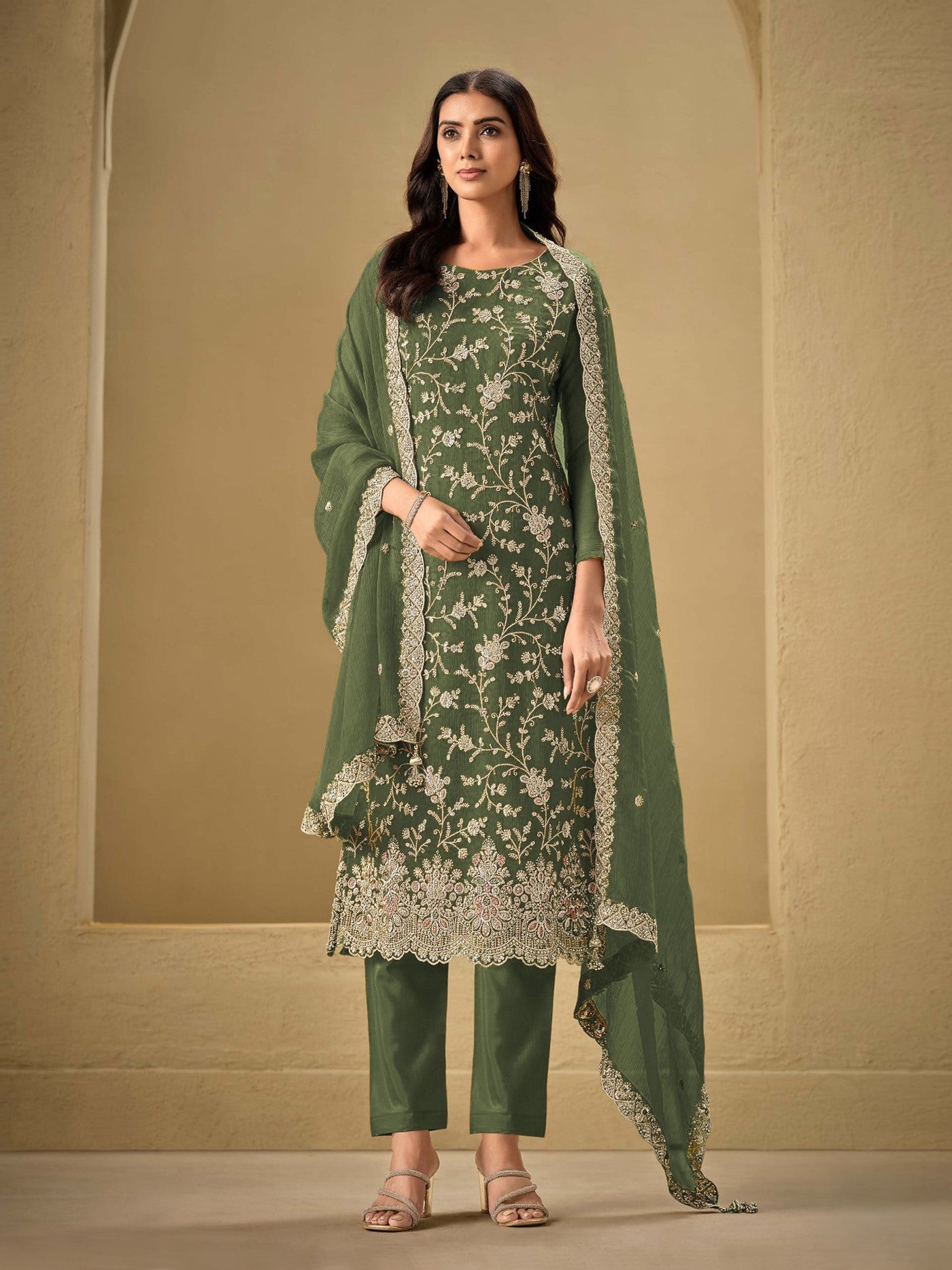 Bottle Green Chinon Designer Suit Set With Elegant Embroidery