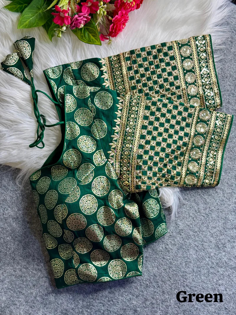 Bottle Green Designer Dola Silk Heavy Embroidered & Sequins Blouse for Women