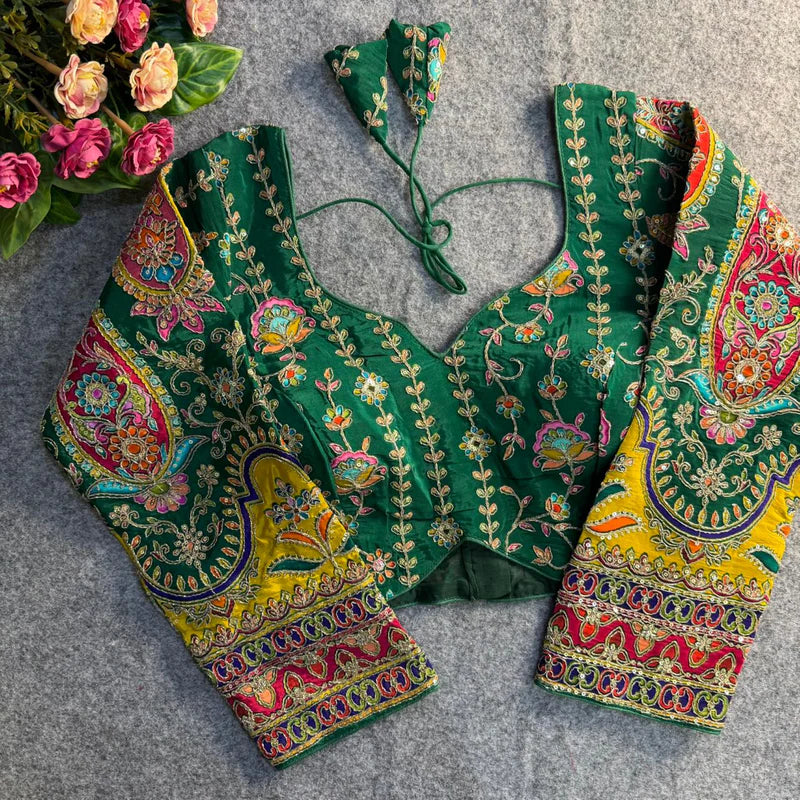 Bottle Green Elegant Heavy Position Work Long Sleeve Blouse  Pure Crepe Embroidered & Sequined Partywear