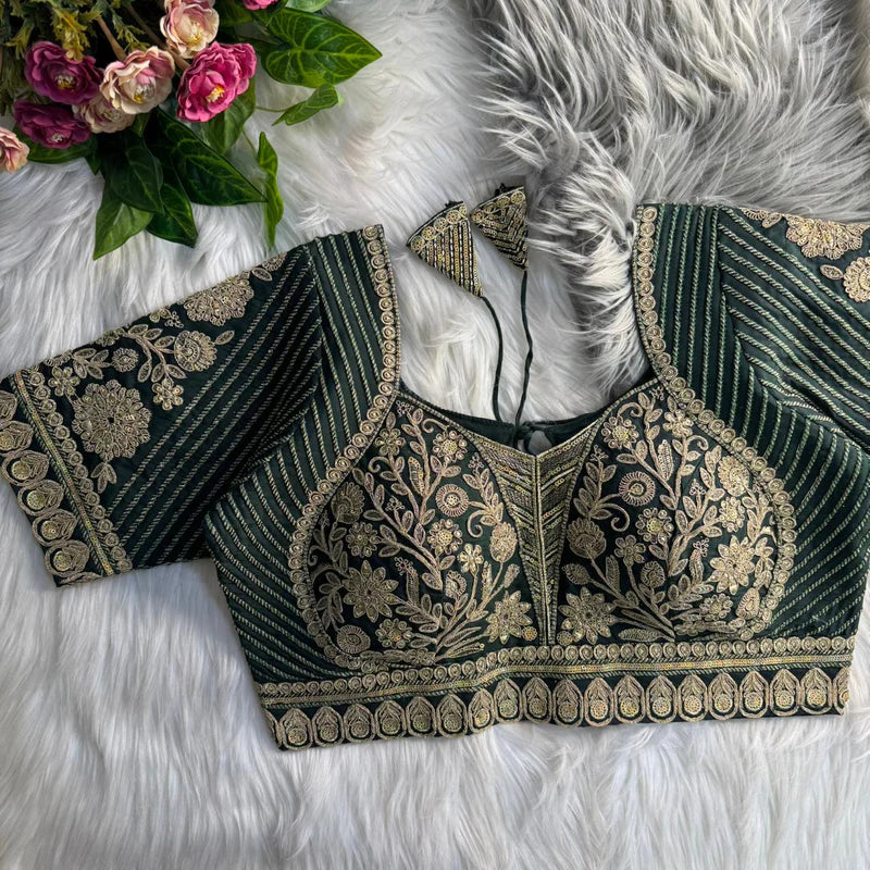 Bottle Green Heavy Bridal Madhubala Style Italian Silk Blouse with Embroidery & Sequins Work