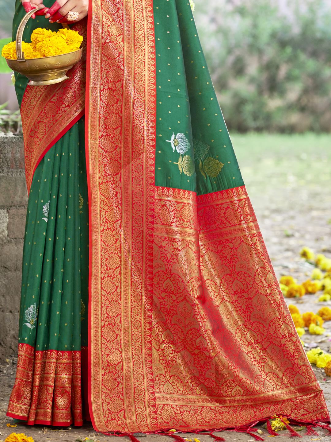 Bottle Green Jacquard Silk Festive Saree