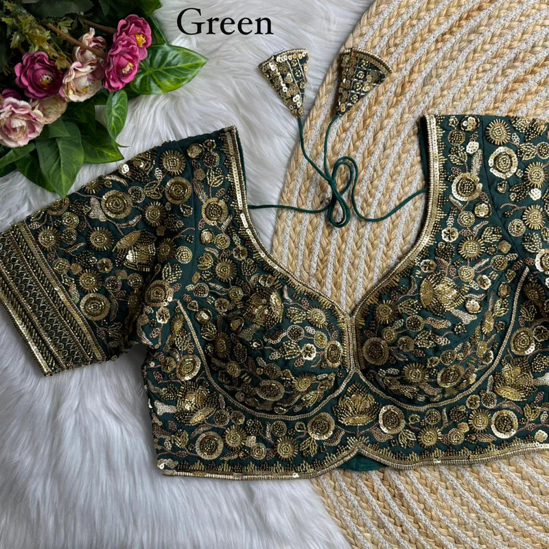 Bottle Green Luxury Heavy Beads Bridal Blouse  Roman Silk Designer Wedding Wear