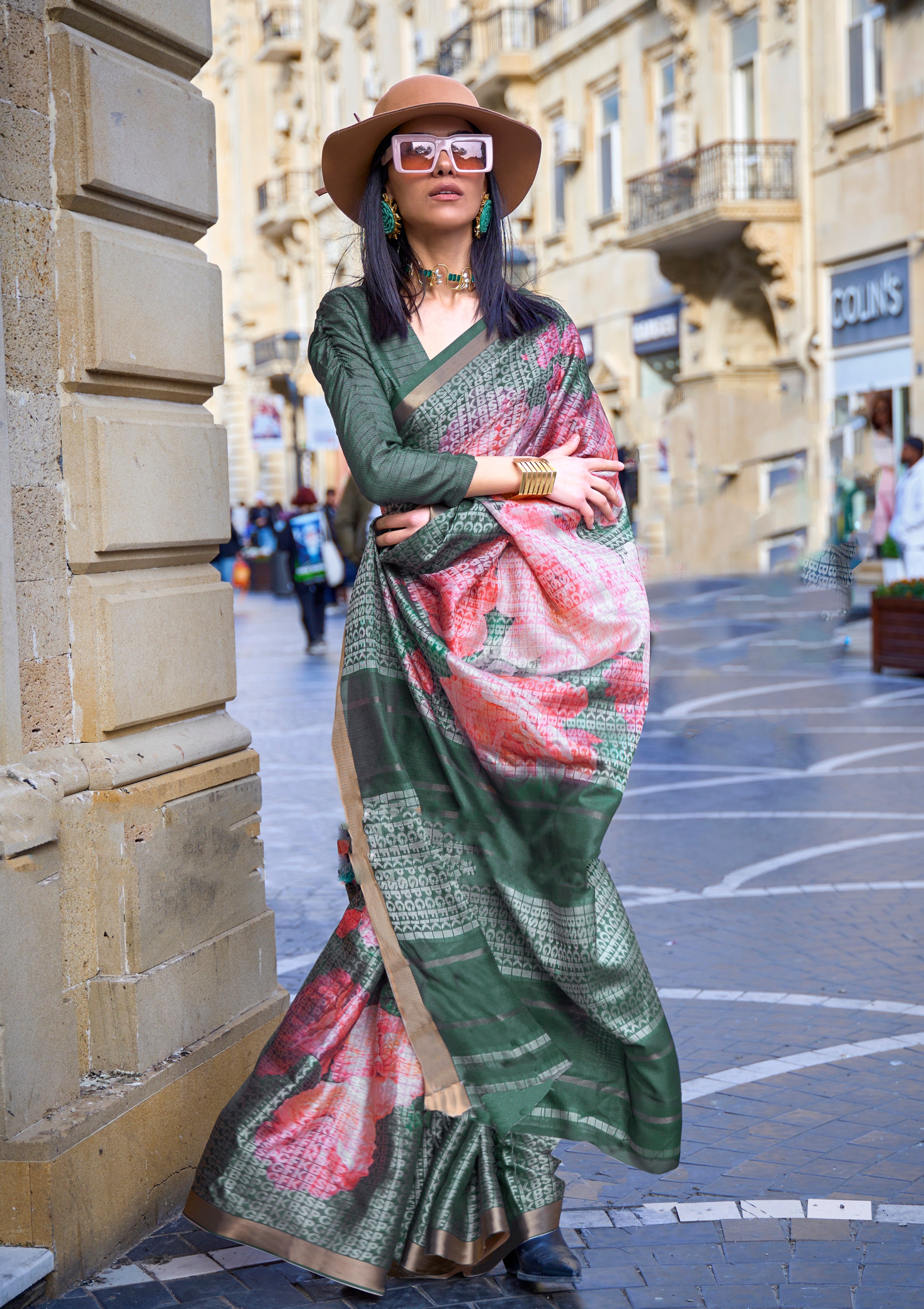 Bottle Green Poly Viscose Saree with  Print