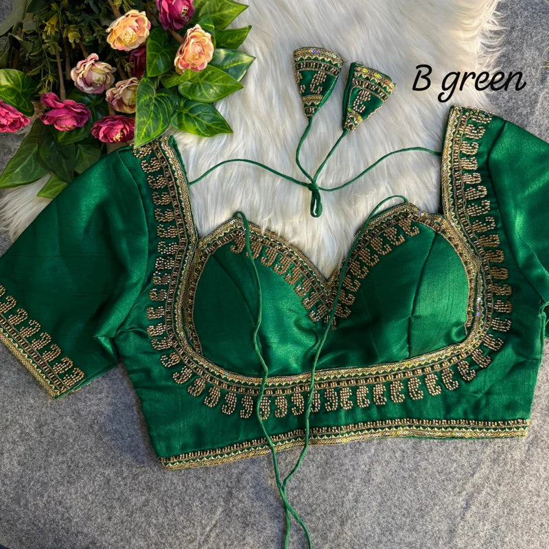 Bottle Green Royal Beads Work Bridal Blouse  Italian Silk Designer Couture Wear