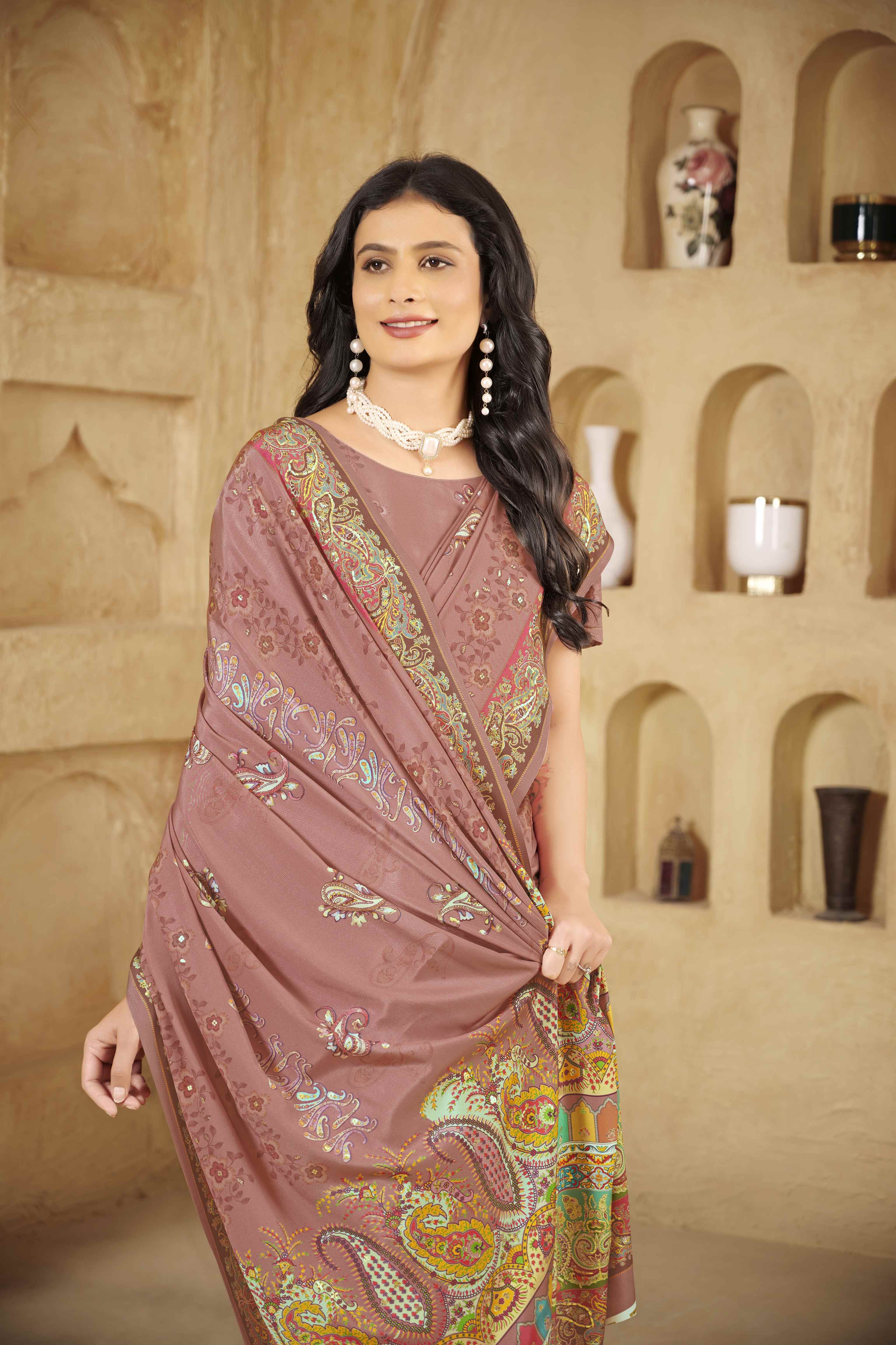 Brick Pink Beautiful Designer Position Digital Foil Printed Crepe Silk Designer Partywear Saree