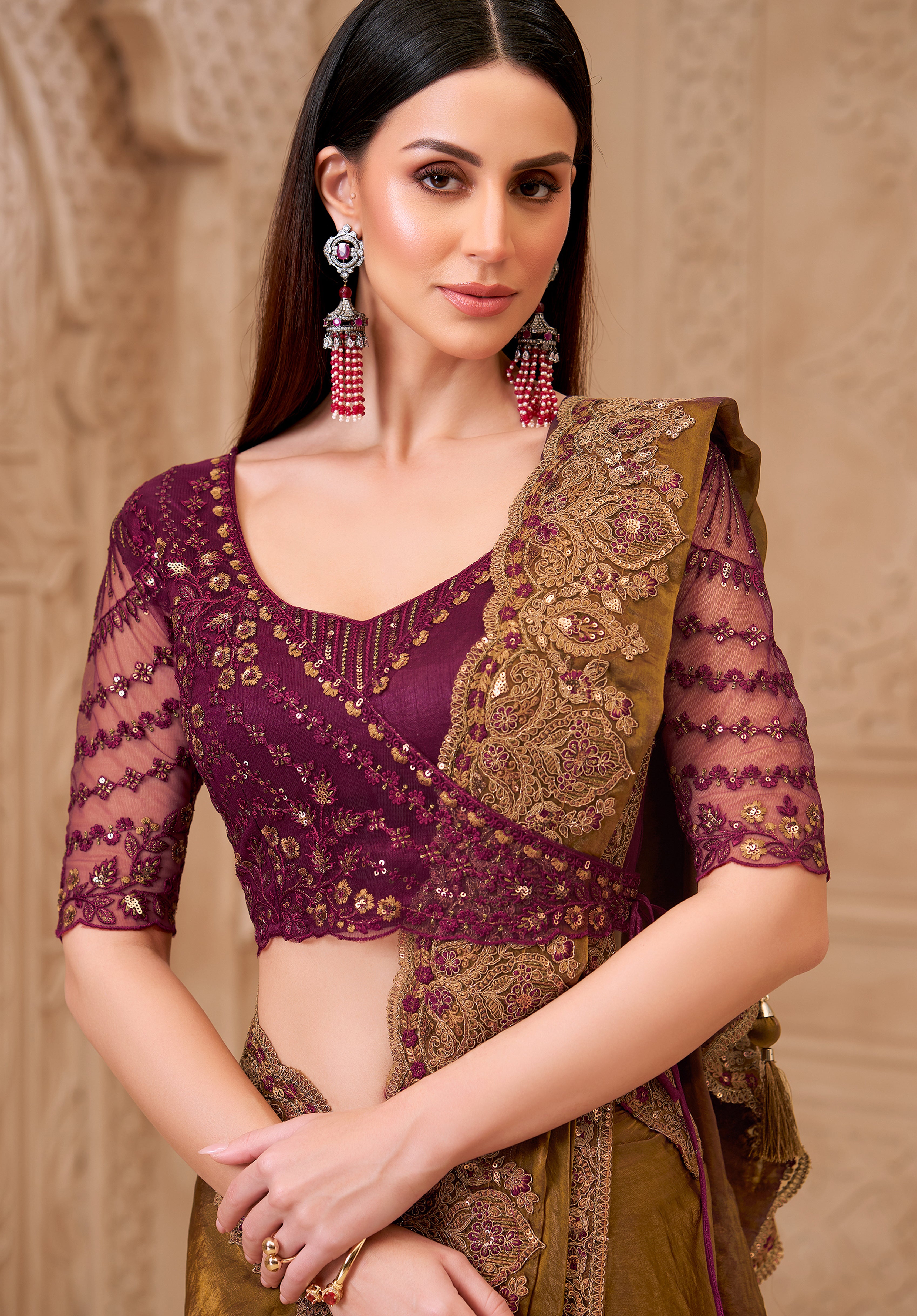 Bronze Saree With  Heavy Thread Embroidery Sequins Border Work With Embroidery Blouse