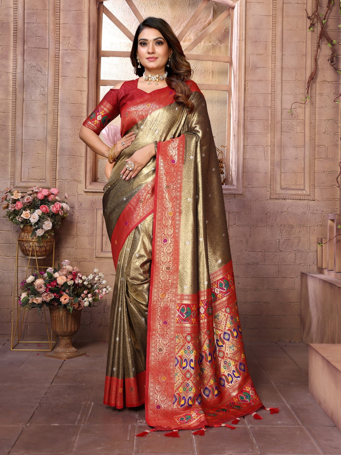 Brown Banarasi Tissue Silk Saree With Traditional Weaving