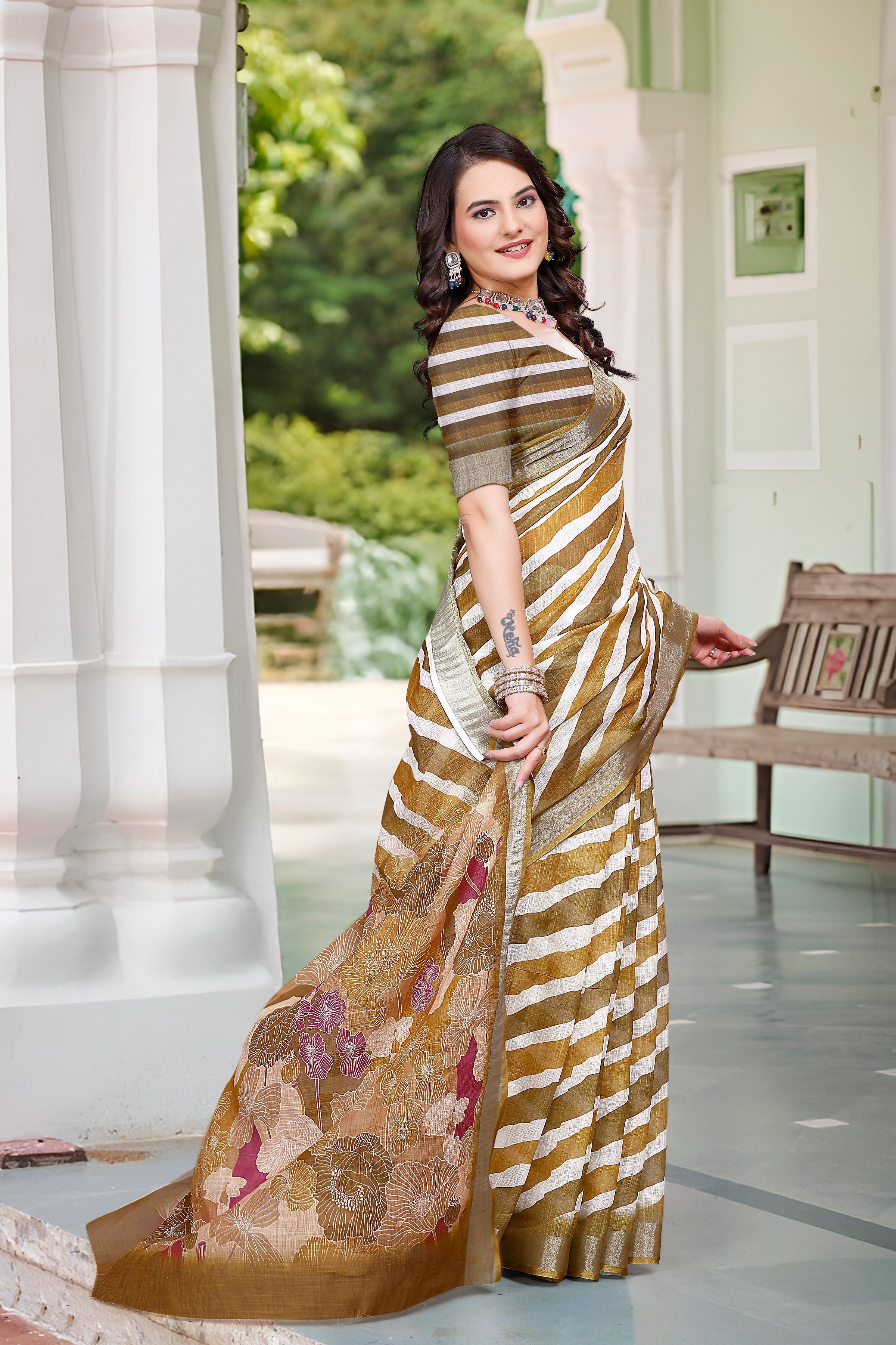 Brown Beautiful Designer Printed Saree With Woven Border