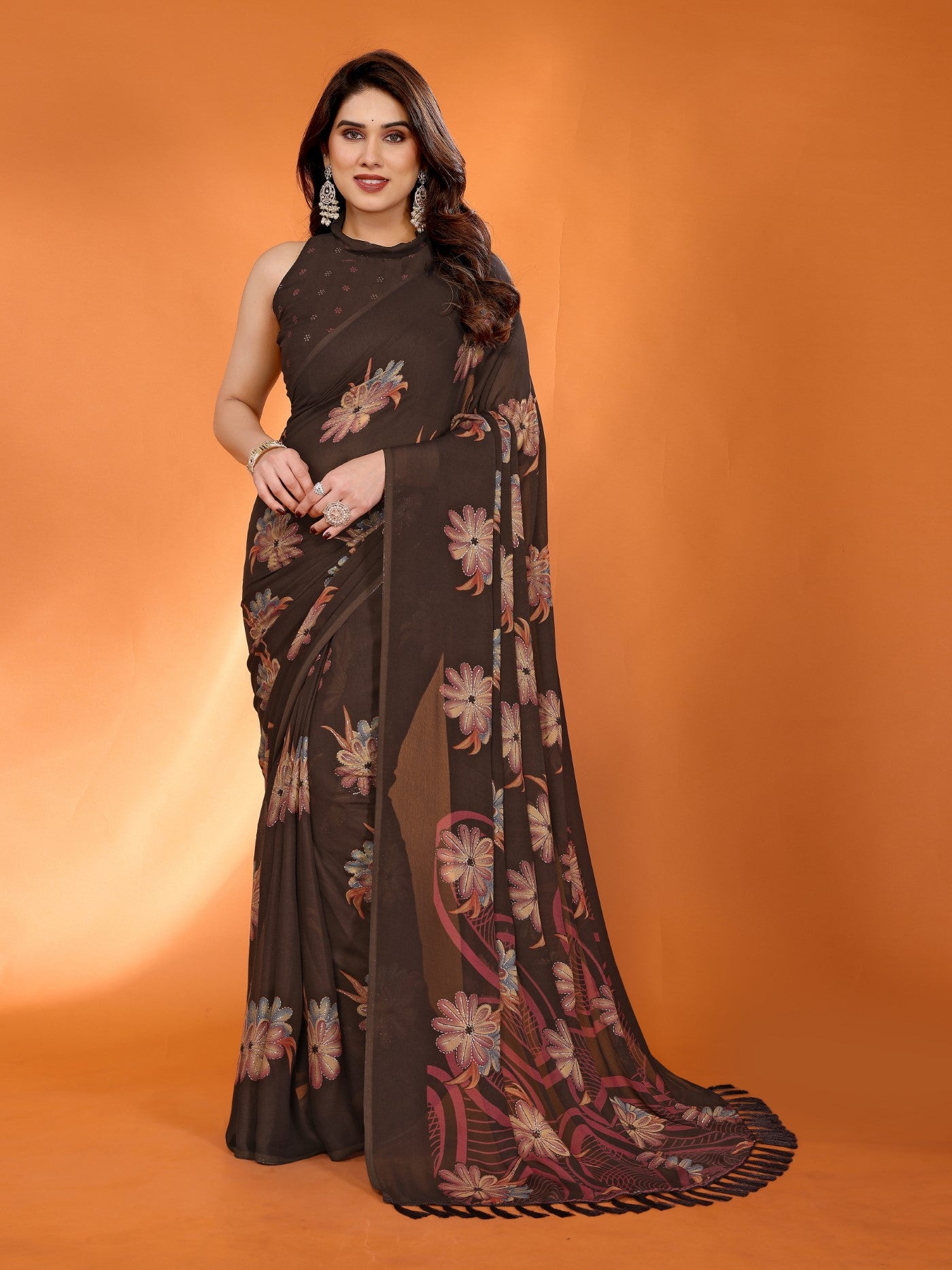 Brown Bright Moss Satin Patta Saree With Printed Design