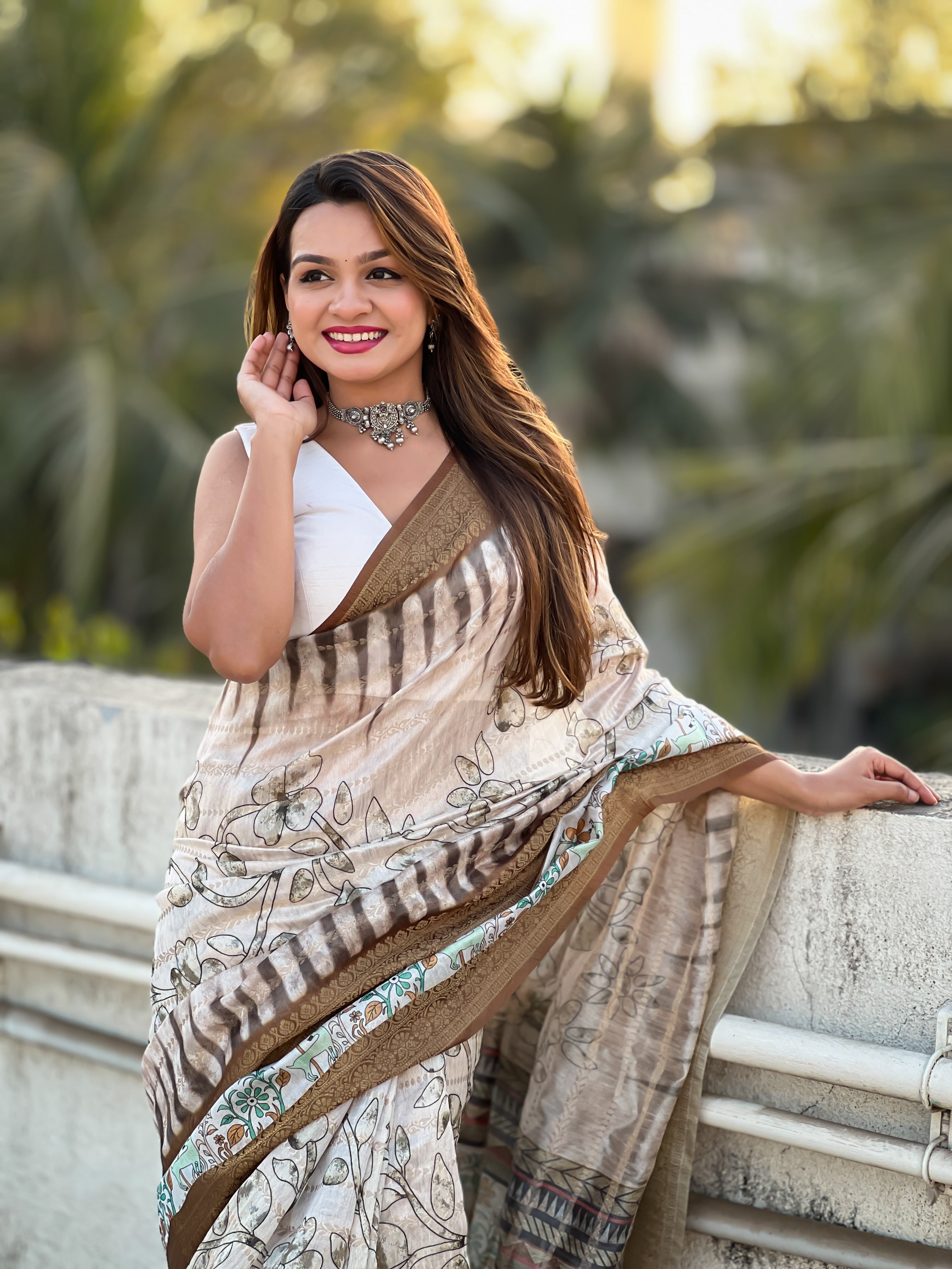 Brown Chanderi Crush Printed With Woven Jari Designer Elegant Sophisticated Saree