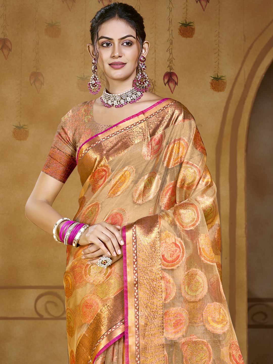 Brown Color Organza Silk  Saree
