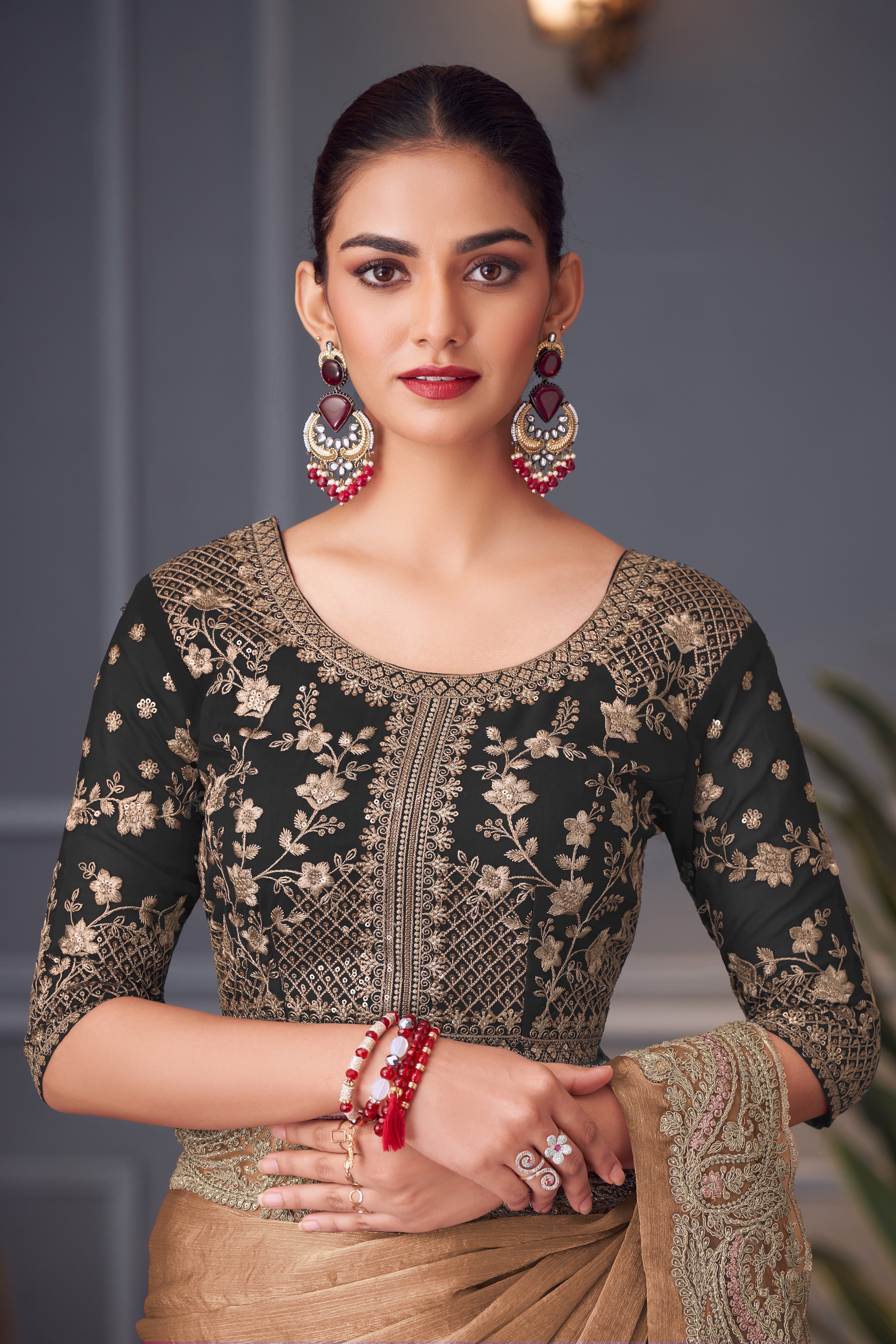 Brown Double Tone Silk Saree with Thread  Sequins Work