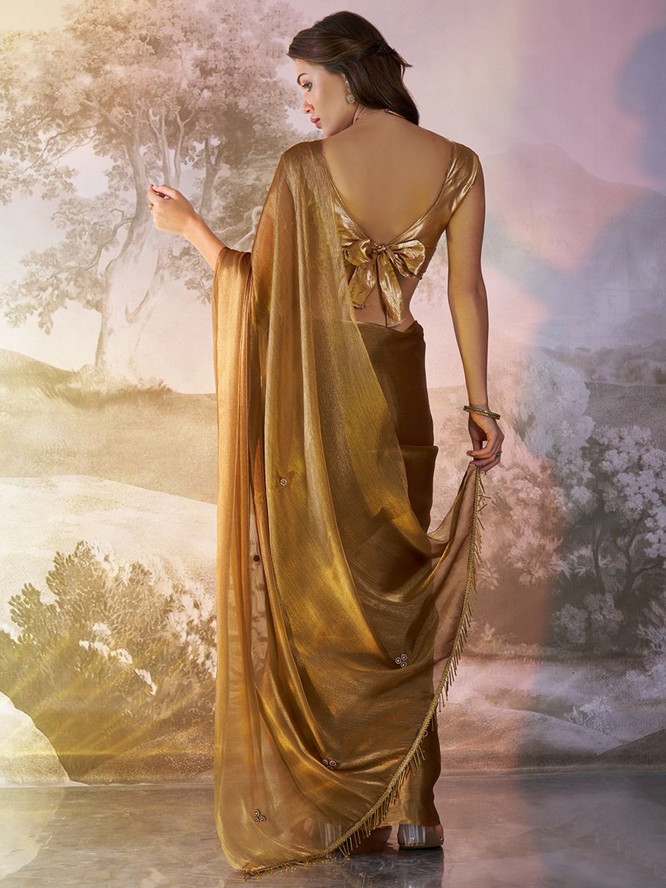 Brown Glamorous Bollywood Style Solid Fancy Designer Burberry Organza Saree