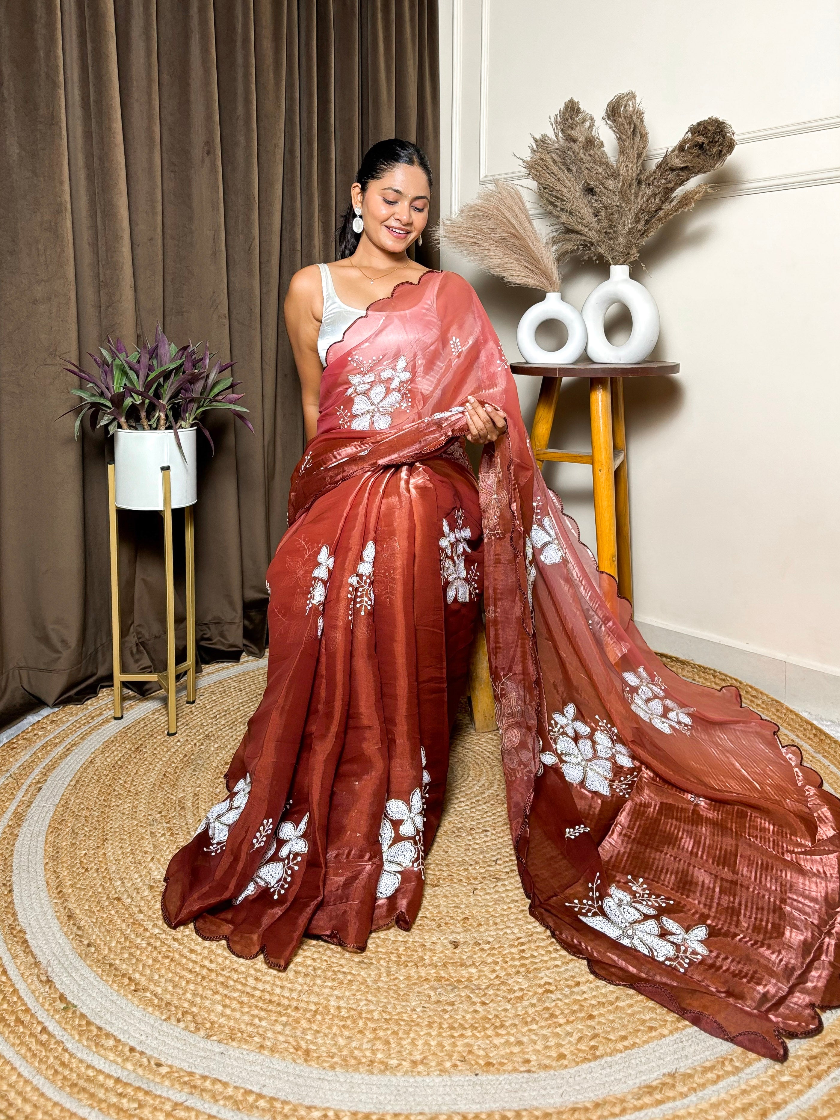 Brown Jimmy Choo Beautiful Sequins Embroidery Work Bollywood Saree