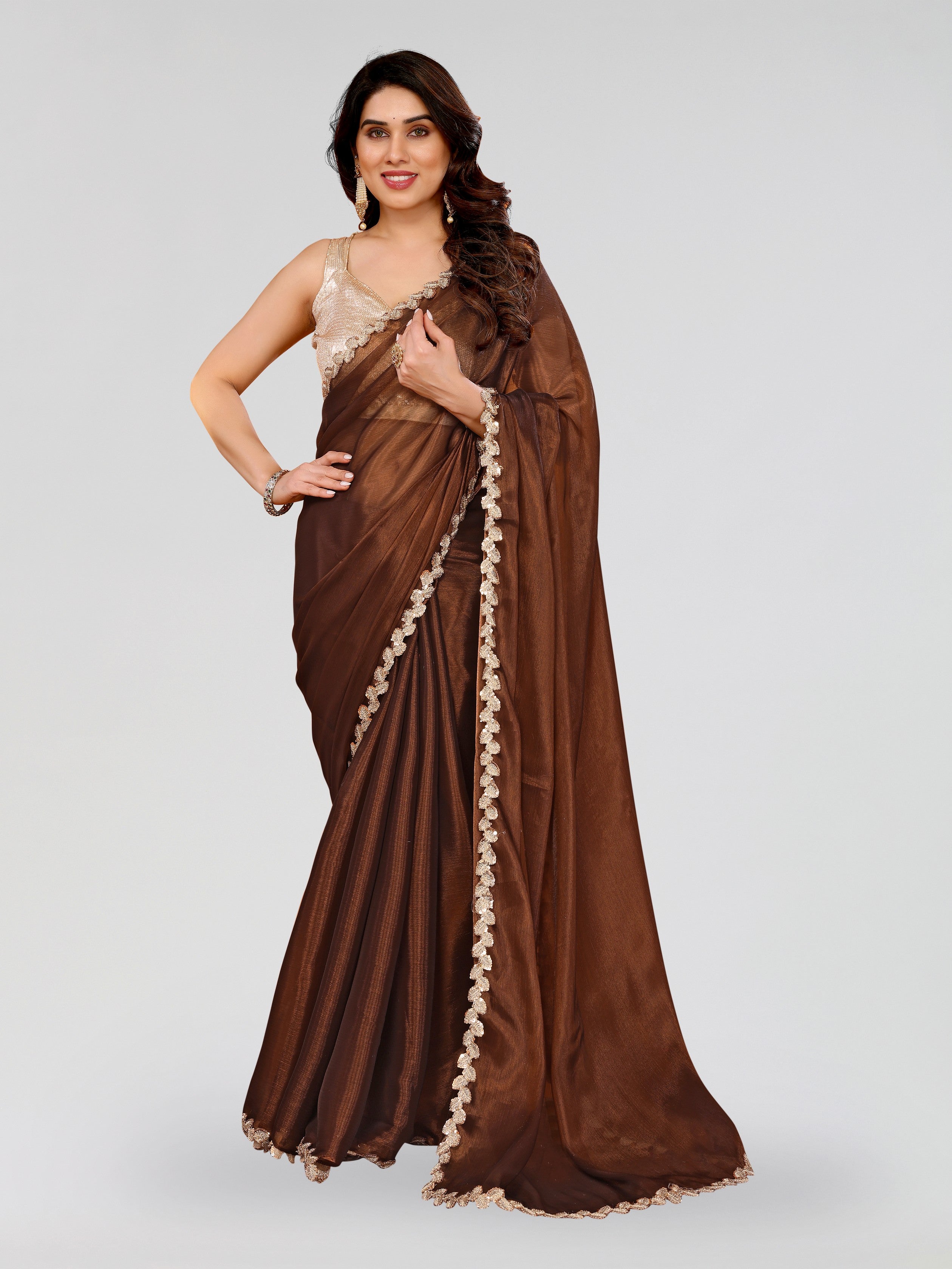 Brown Jimmy Choo Sequance Embroidery Cut Work Heavy Partywear Saree