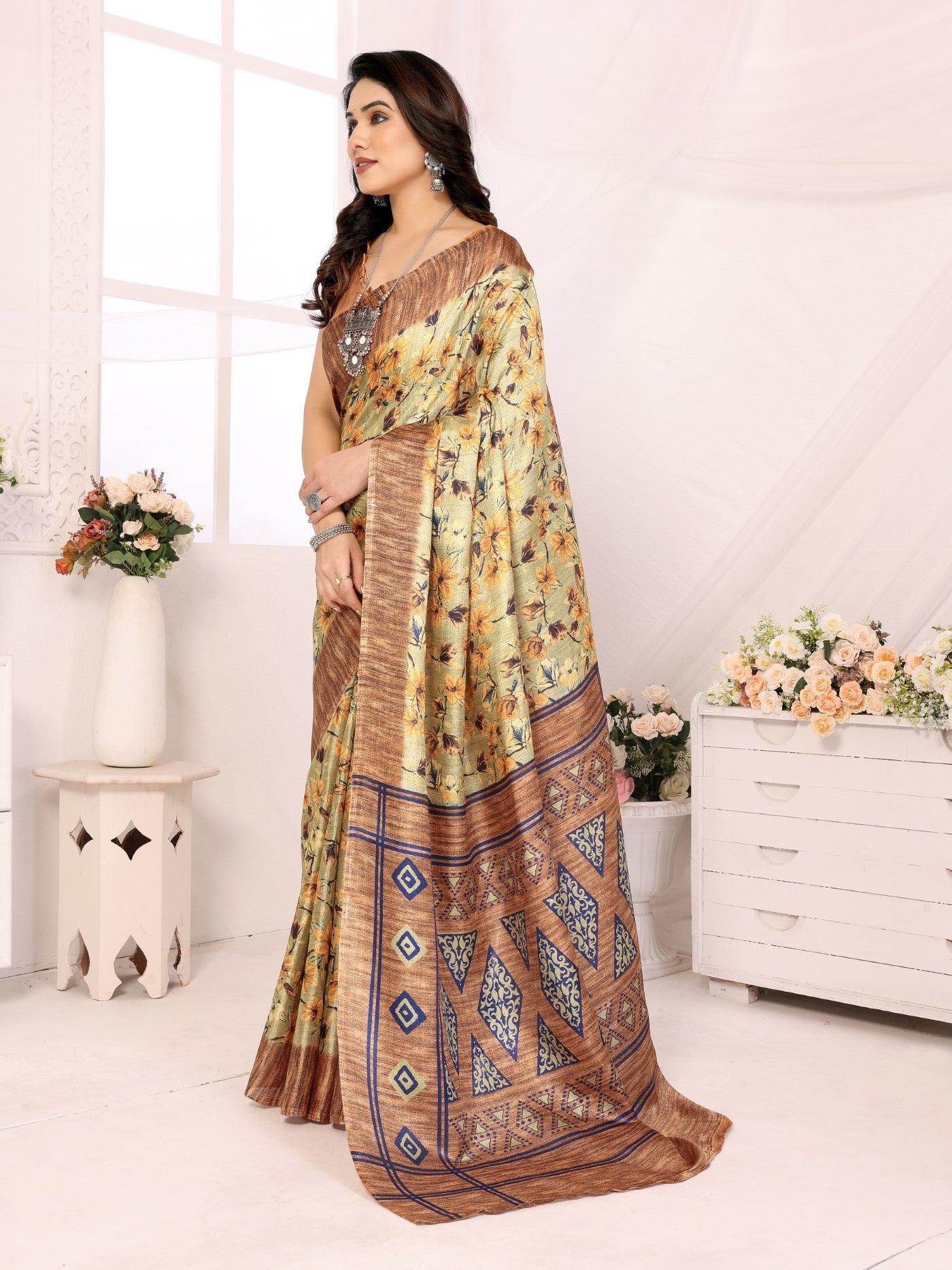 Brown Khadi Saree With Printed