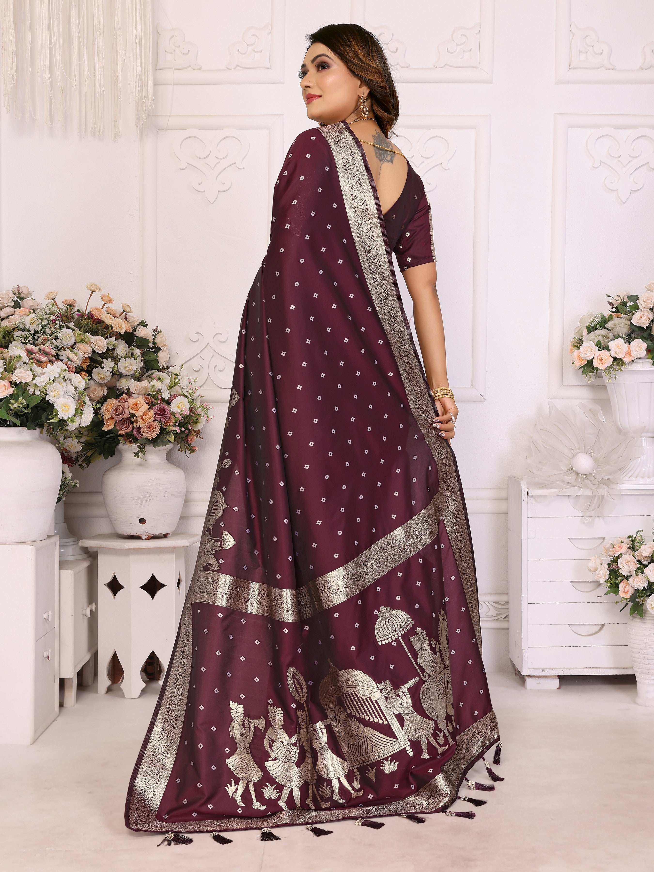Brown Kochi Silk Ethnic Woven Jari Bandhej Designer Festive Saree