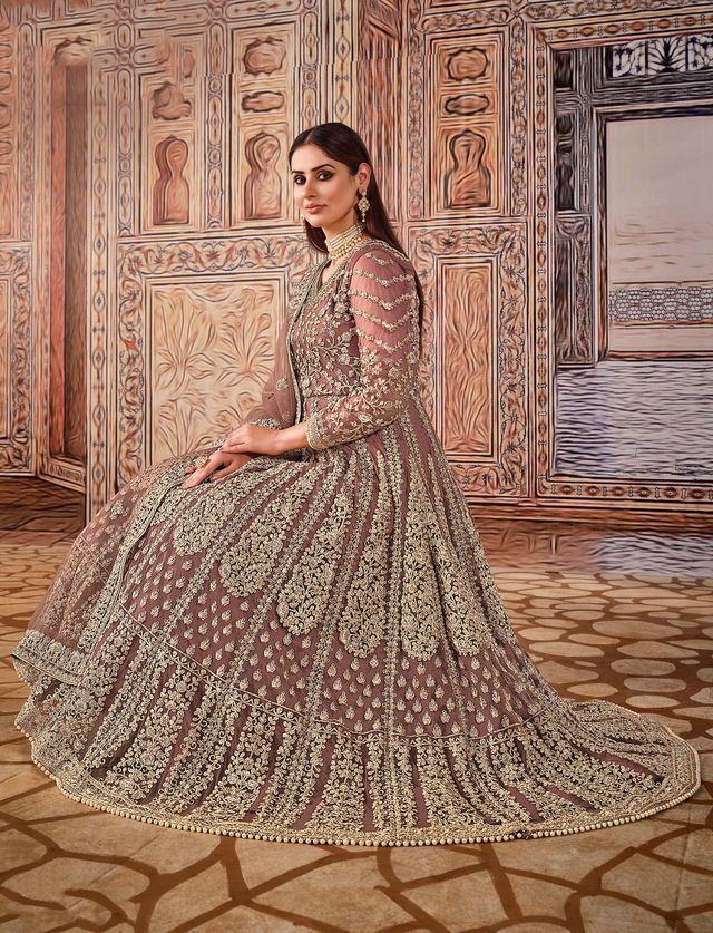 Brown Net Heavy Thread Embroidery And Zari Work  Anarkali Suits