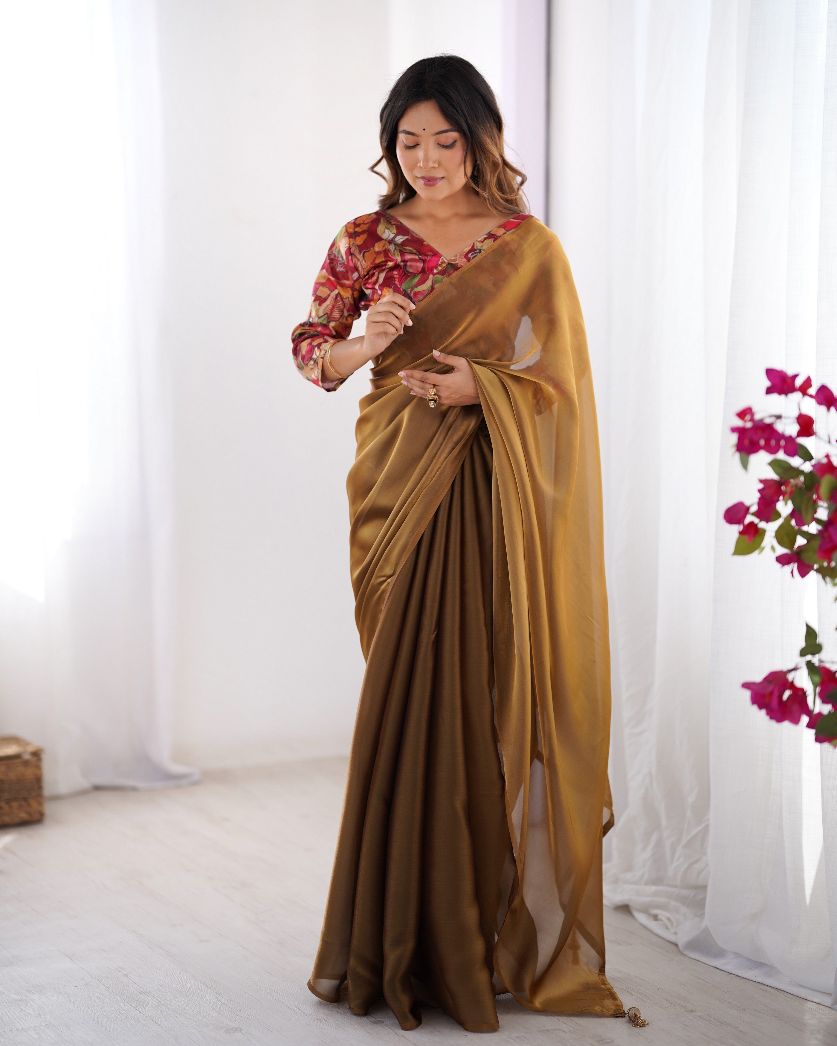 Brown Rangoli Designer Printed With Swarovski Work Partywear Saree